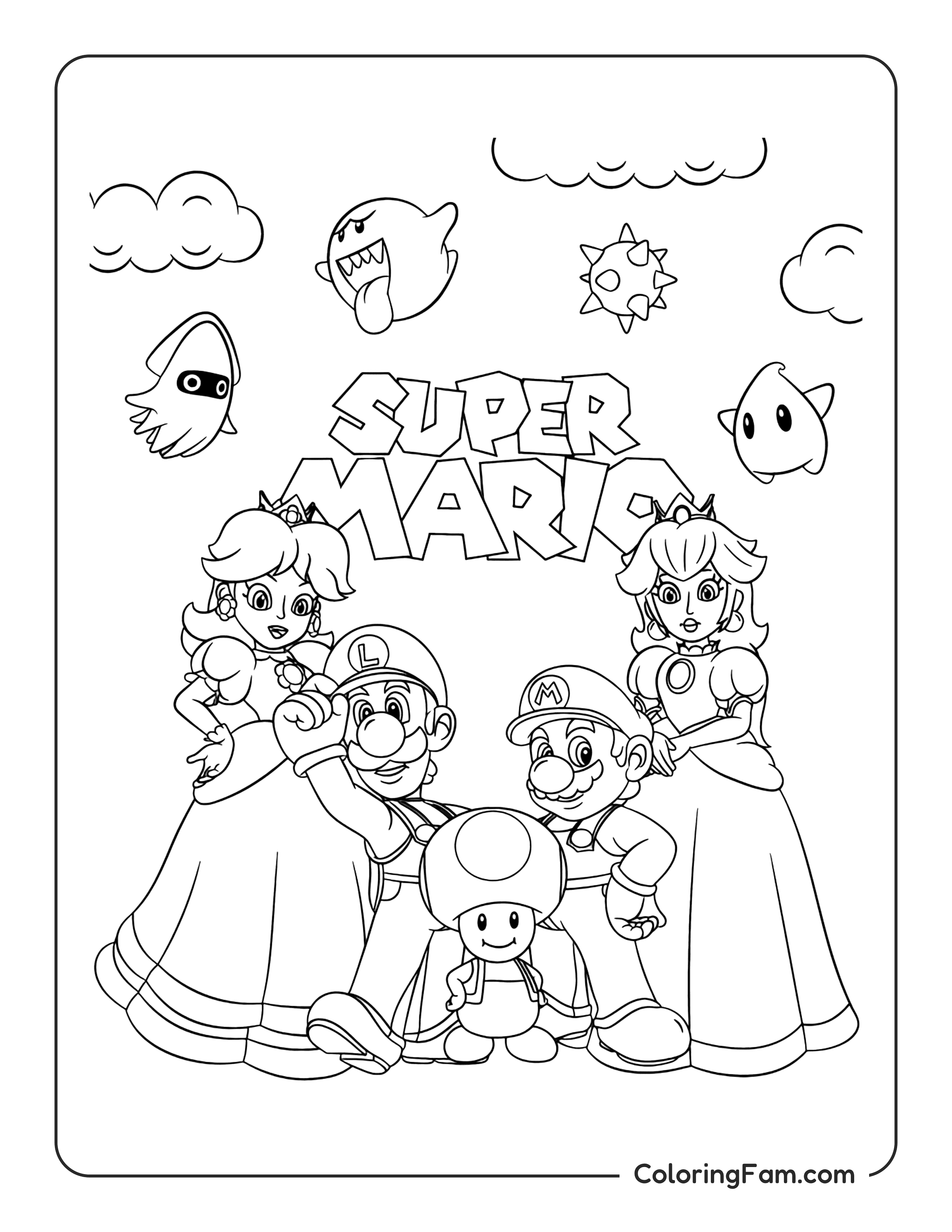 Super Mario characters gathering coloring page