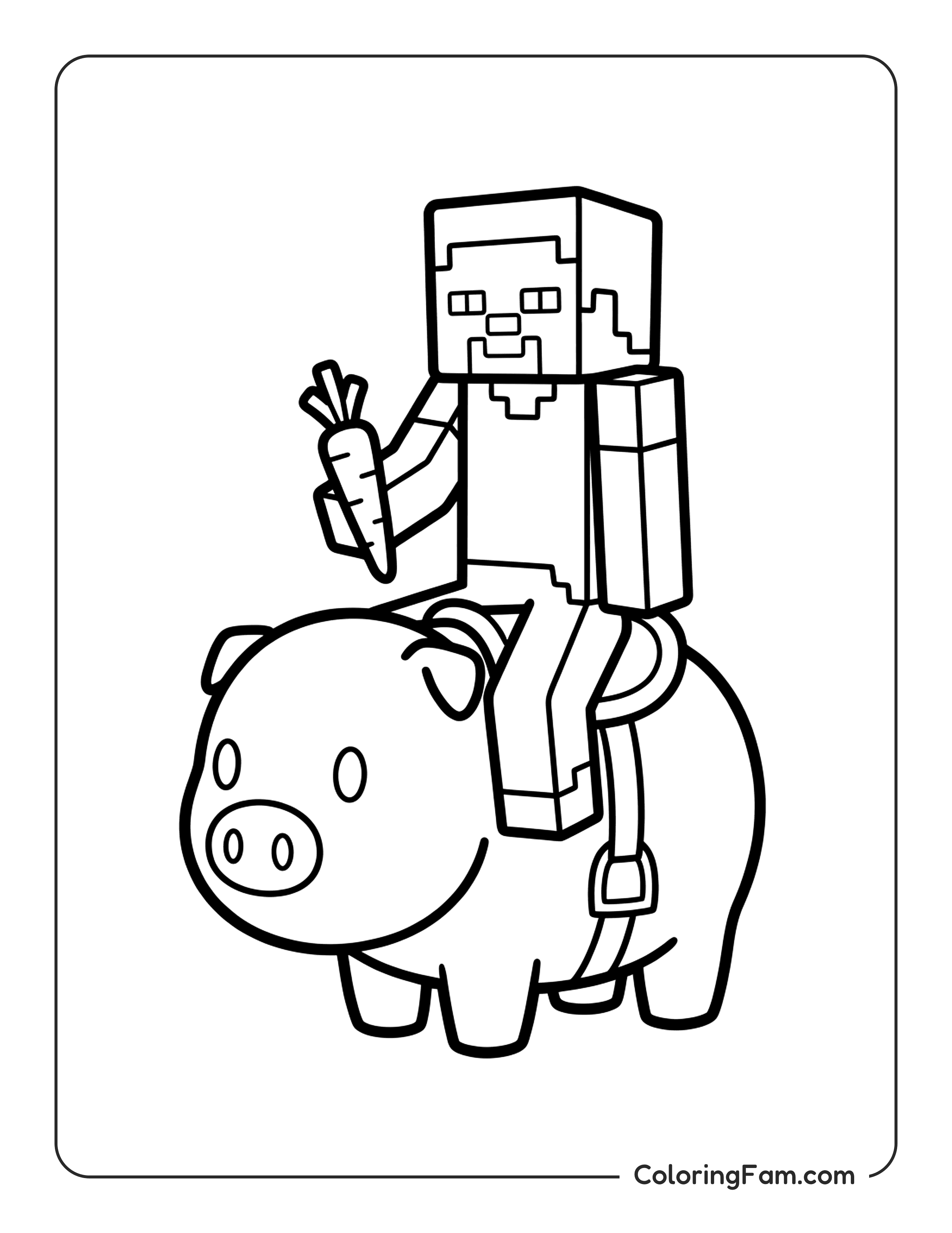 Steve Riding A Pig With A Saddle And Carrot Stick coloring page