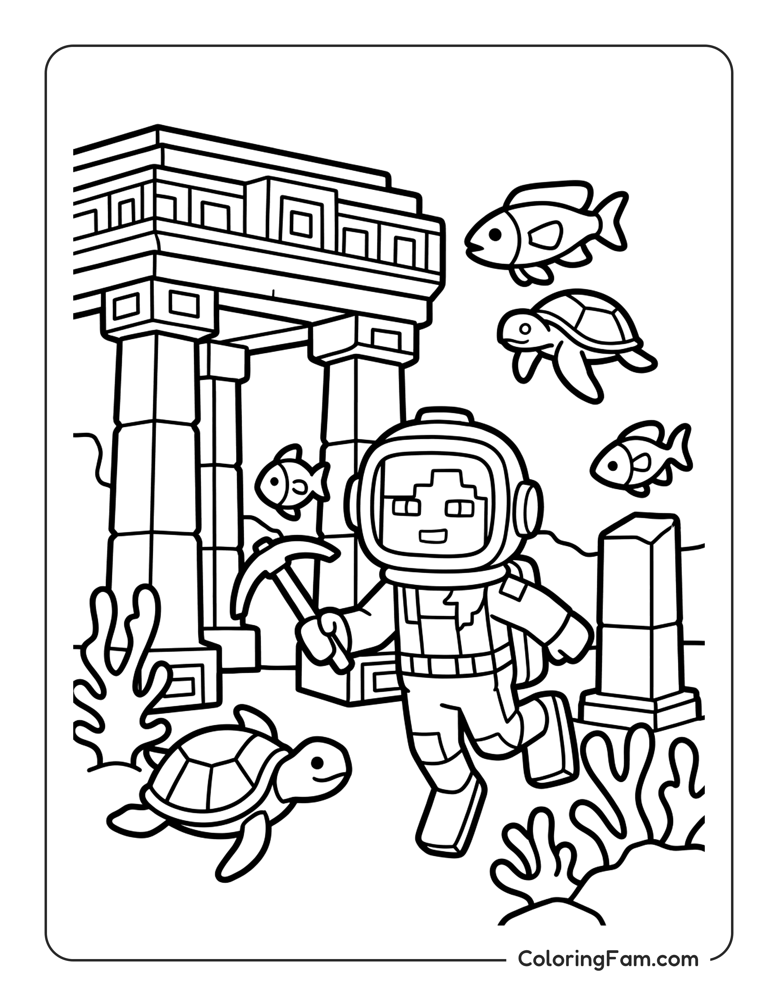 Alex Exploring An Ocean Monument Underwater coloring page