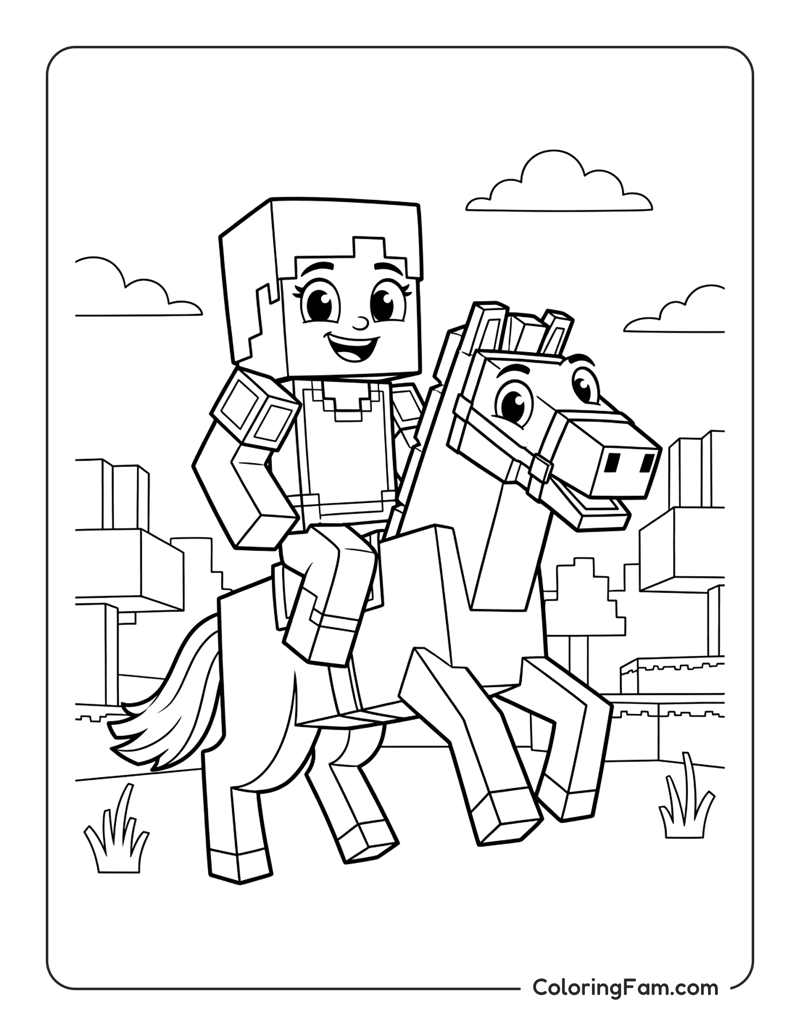 Minecraft Girl Riding Horse coloring page
