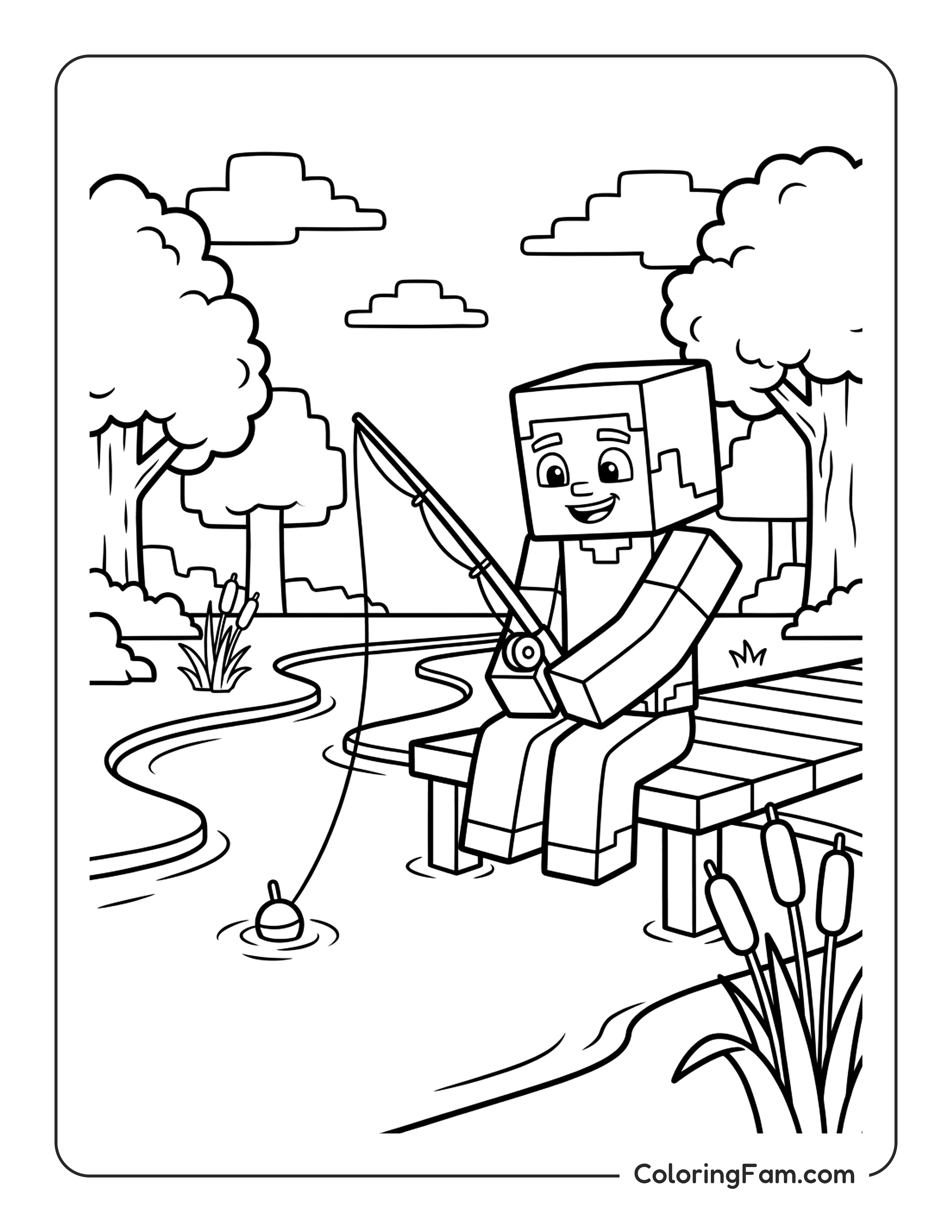 Minecraft Steve Fishing On Dock coloring page