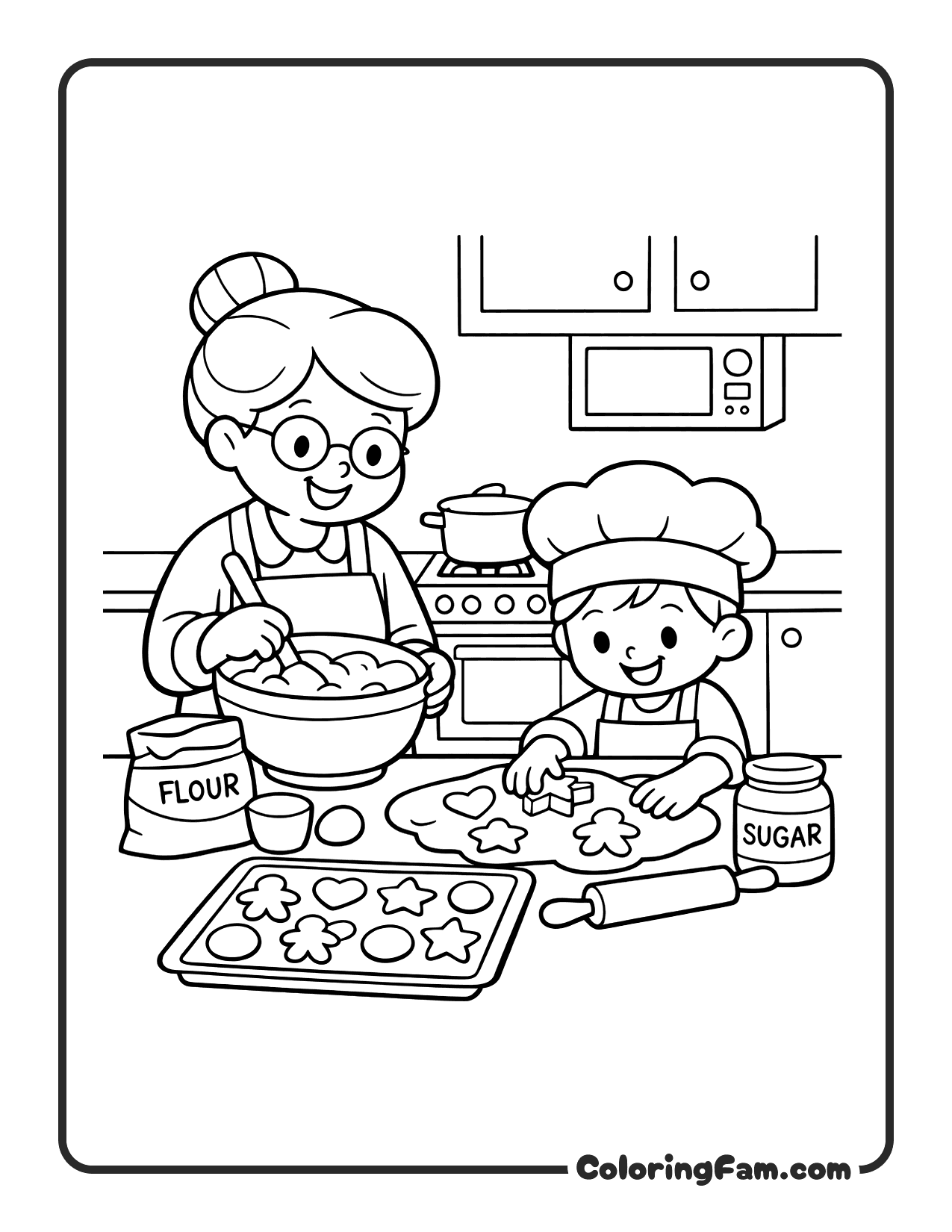 Grandma Baking Cookies With Grandchild coloring page