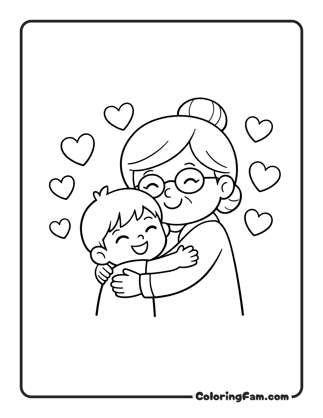 Grandma And Grandchild Hugging Surrounded coloring page