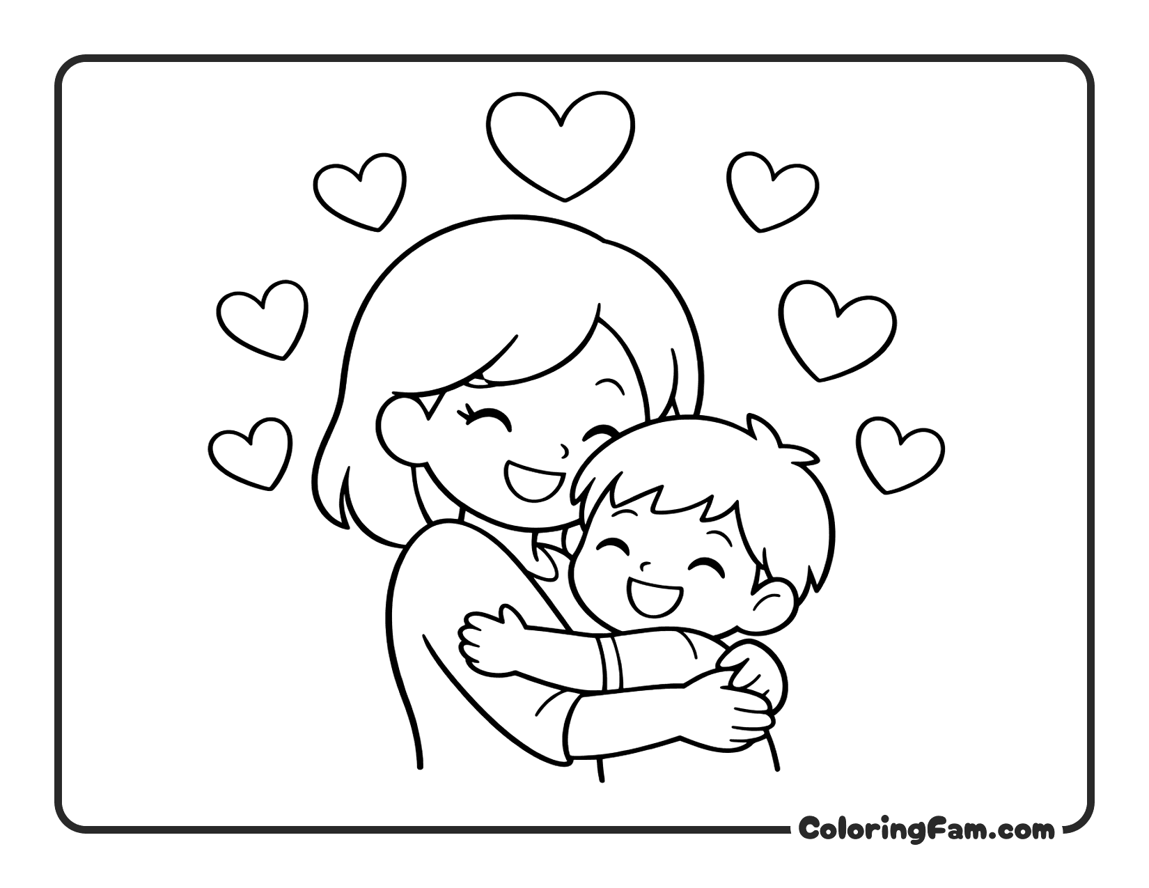 Mom Hugging Child Surrounded By Hearts coloring page