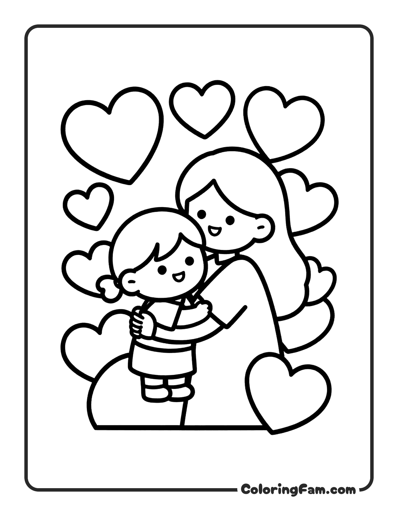 Mom Hugging Child Surrounded By Hearts 2 coloring page