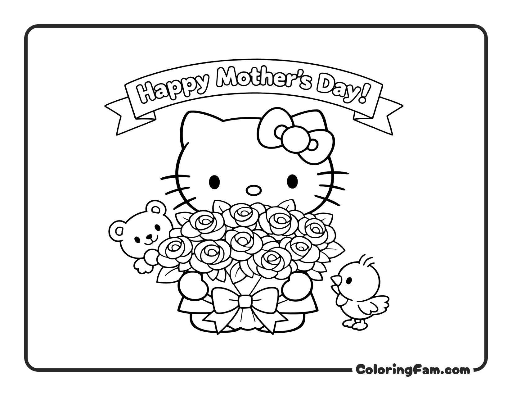 Hello Kitty With Rose Bouquet Mother's Day coloring page