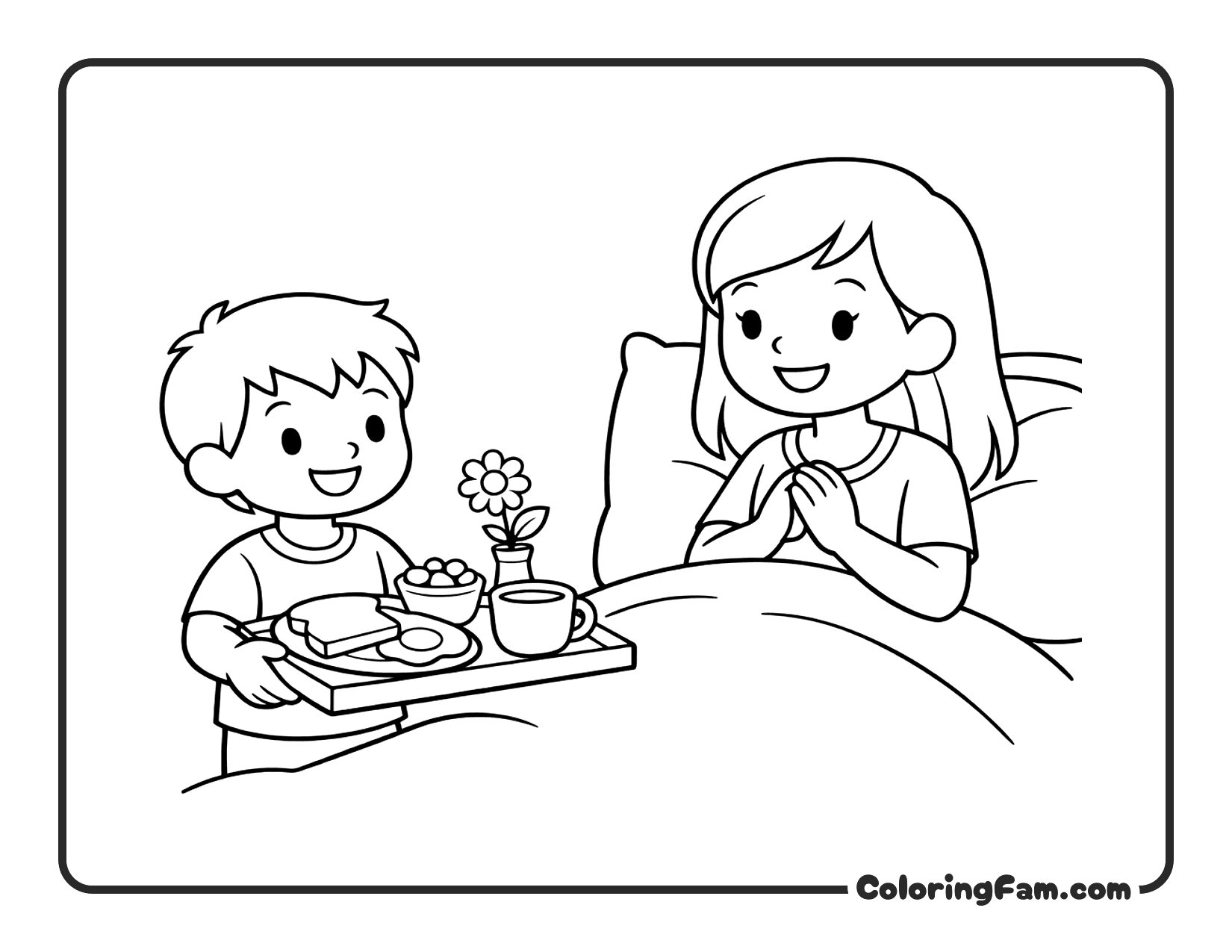 Child Bringing Breakfast To Mom In Bed coloring page