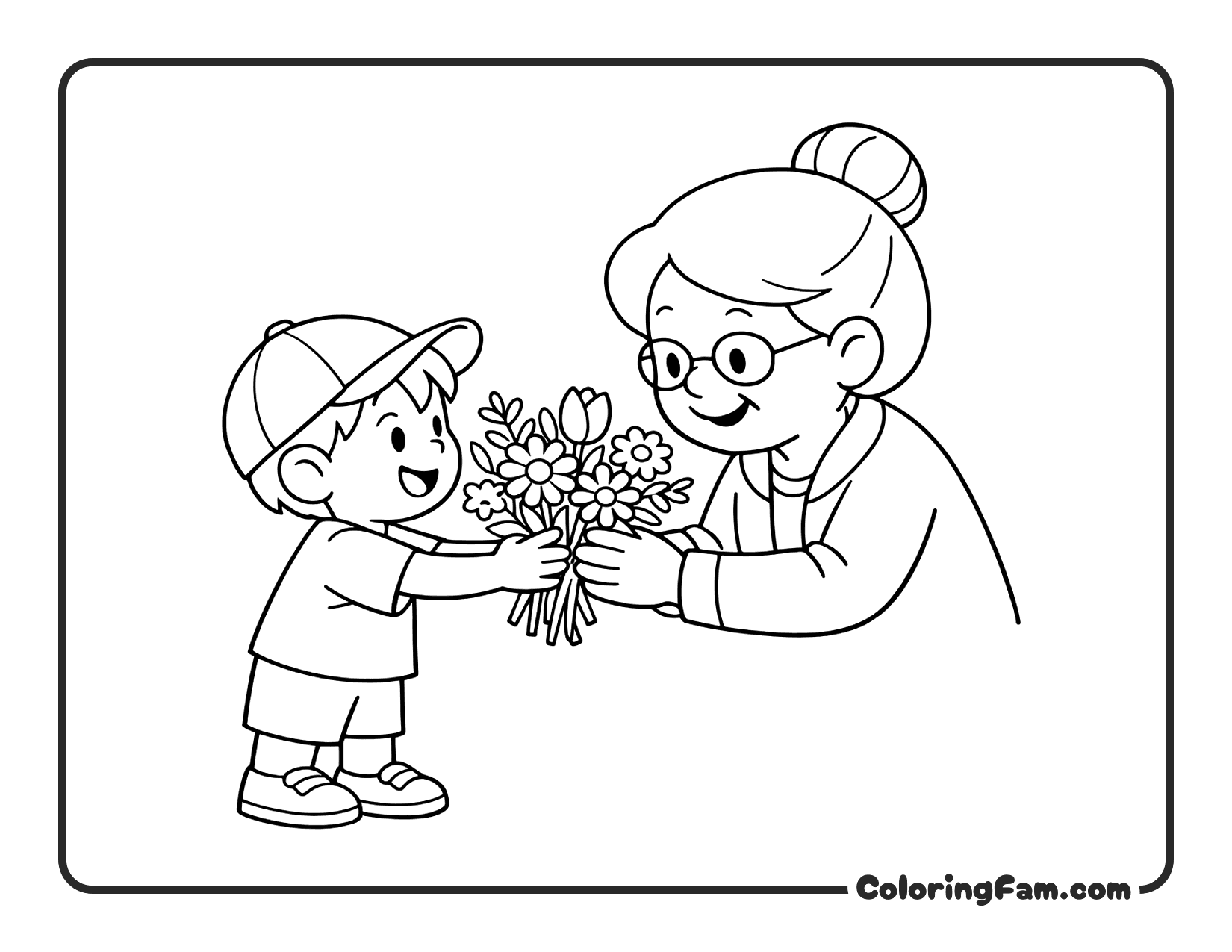 Grandchild Giving Grandma Wildflowers coloring page