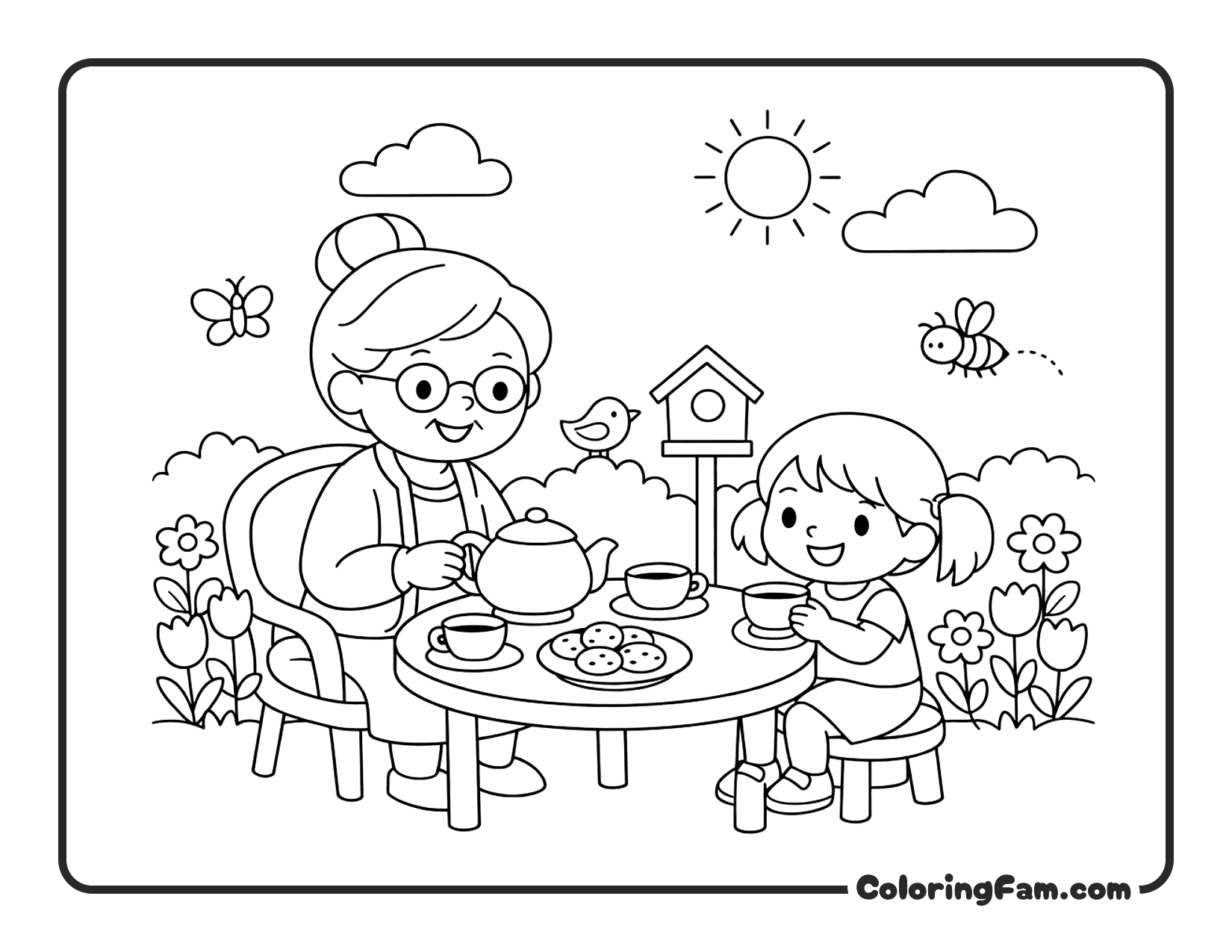 Grandma And Grandchild Having A Tea Party coloring page