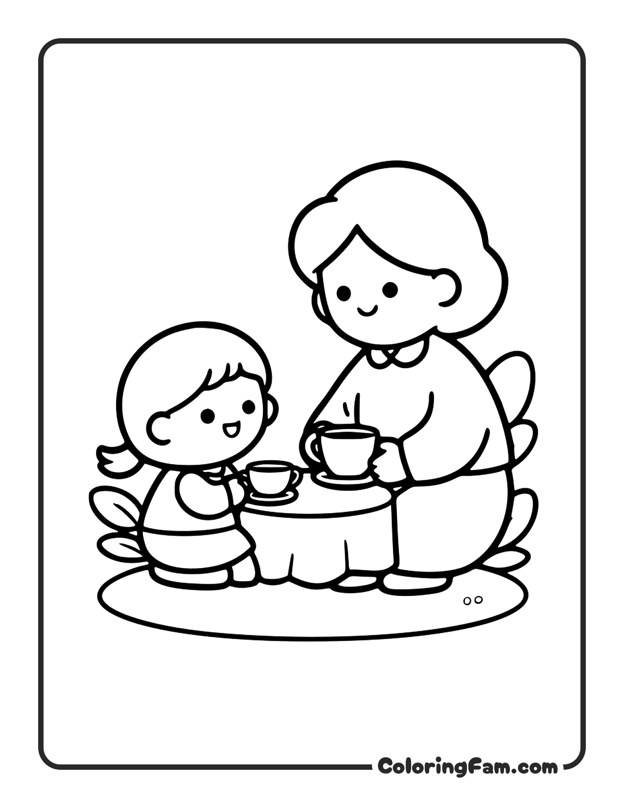 Grandma And Grandchild Having A Tea Party coloring page