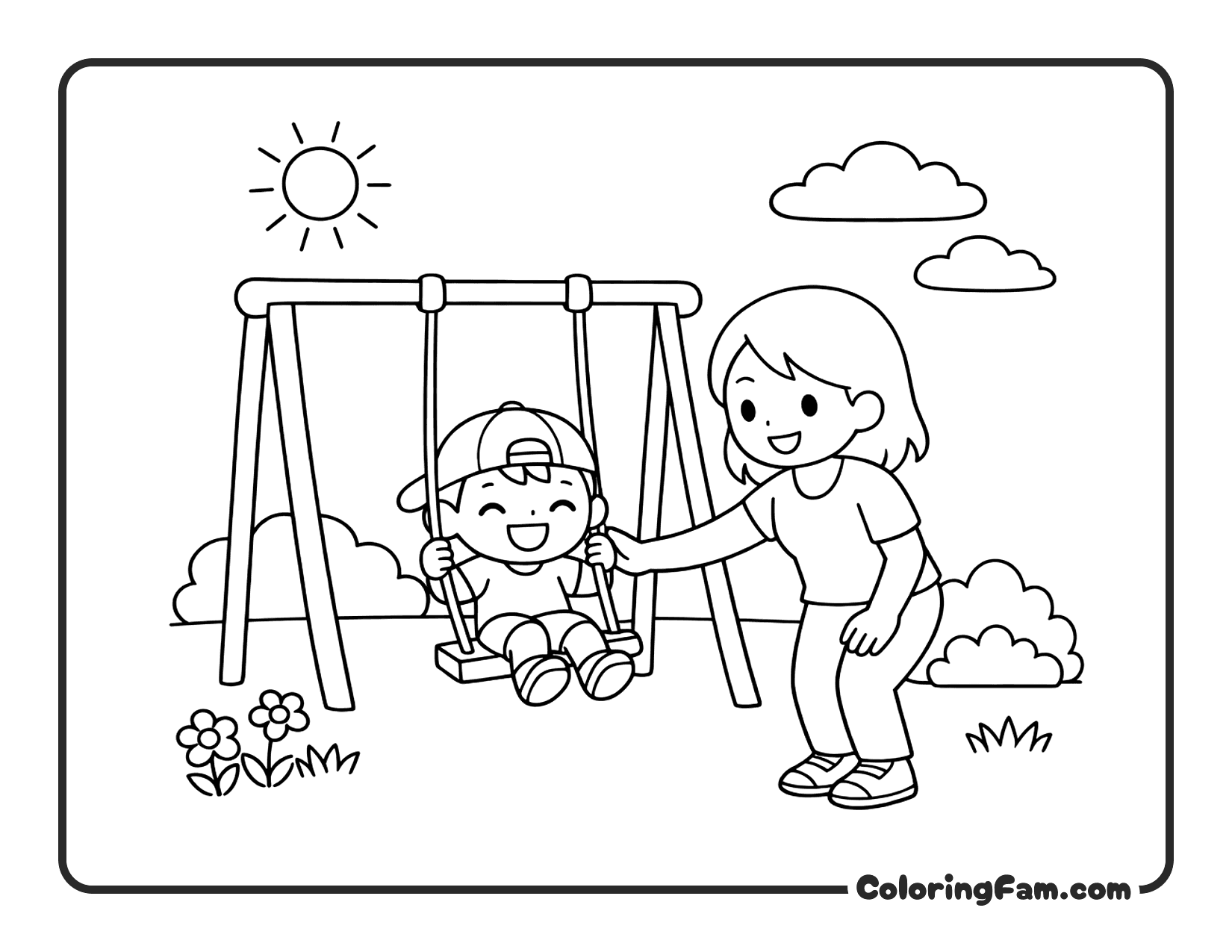 Mom Pushing Child On Swing In The Park coloring page