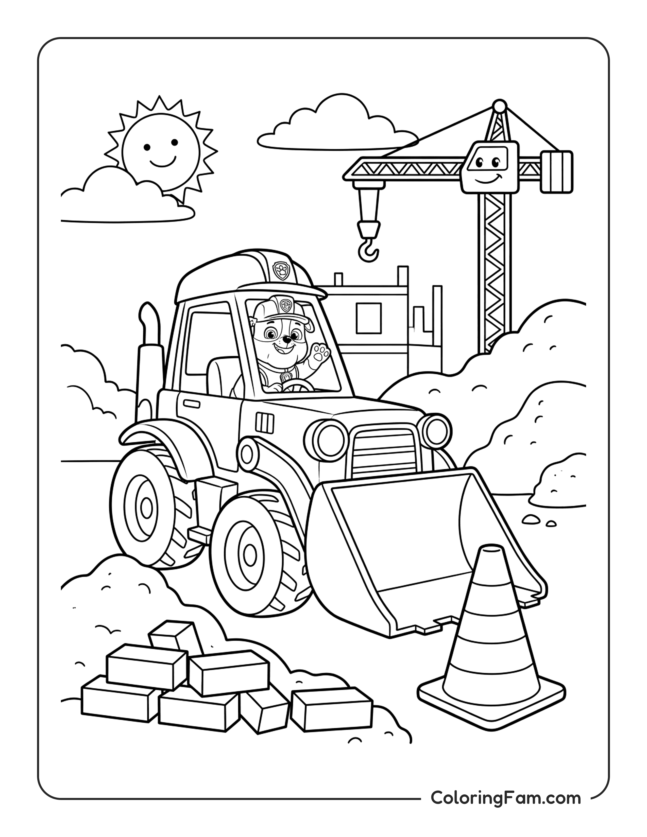 Rubble Driving His Bulldozer On A Construction Site coloring page