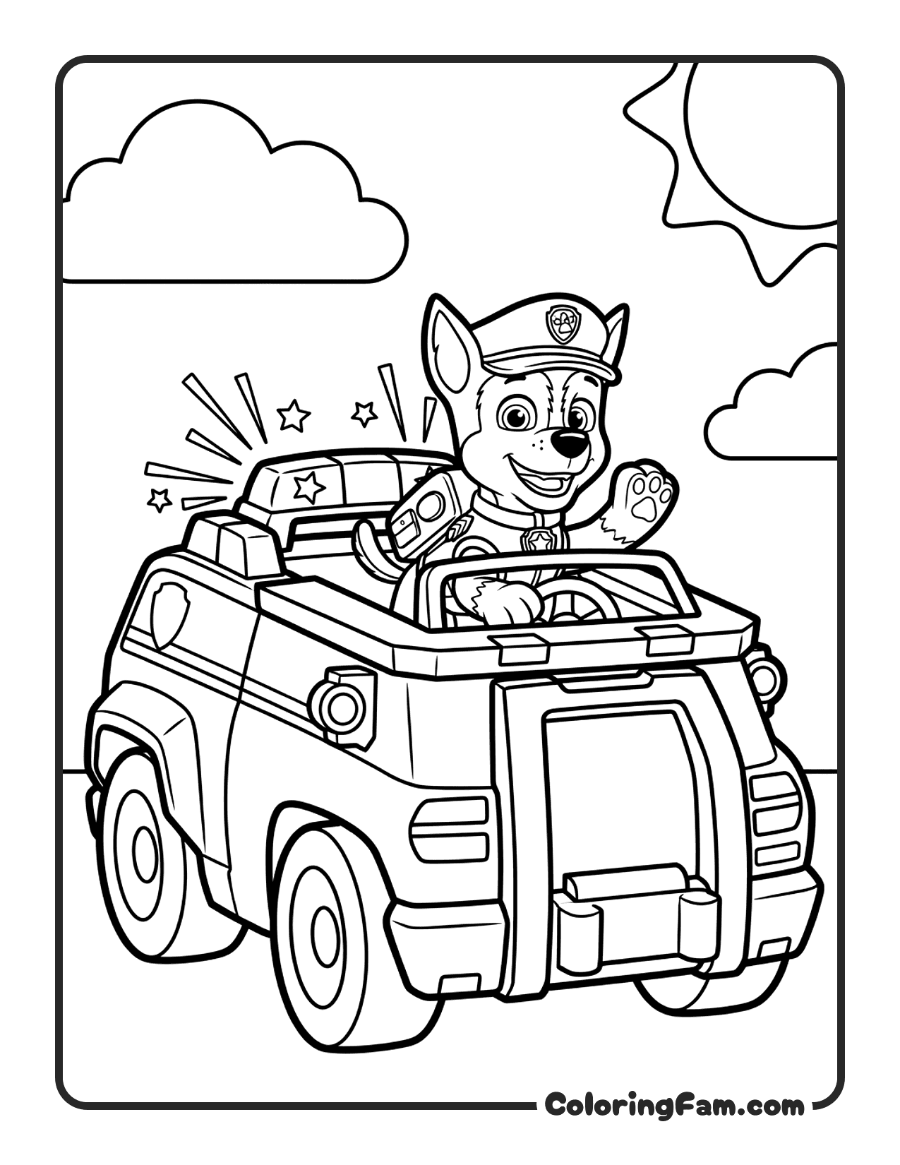Chase Driving His Police Car With Lights Flashing coloring page