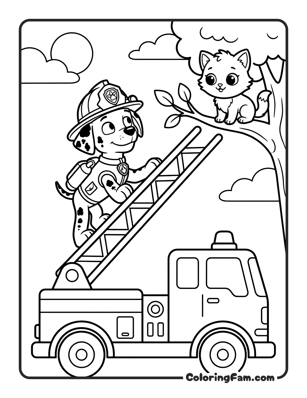 Marshall Climbing A Fire Ladder To Save A Kit coloring page