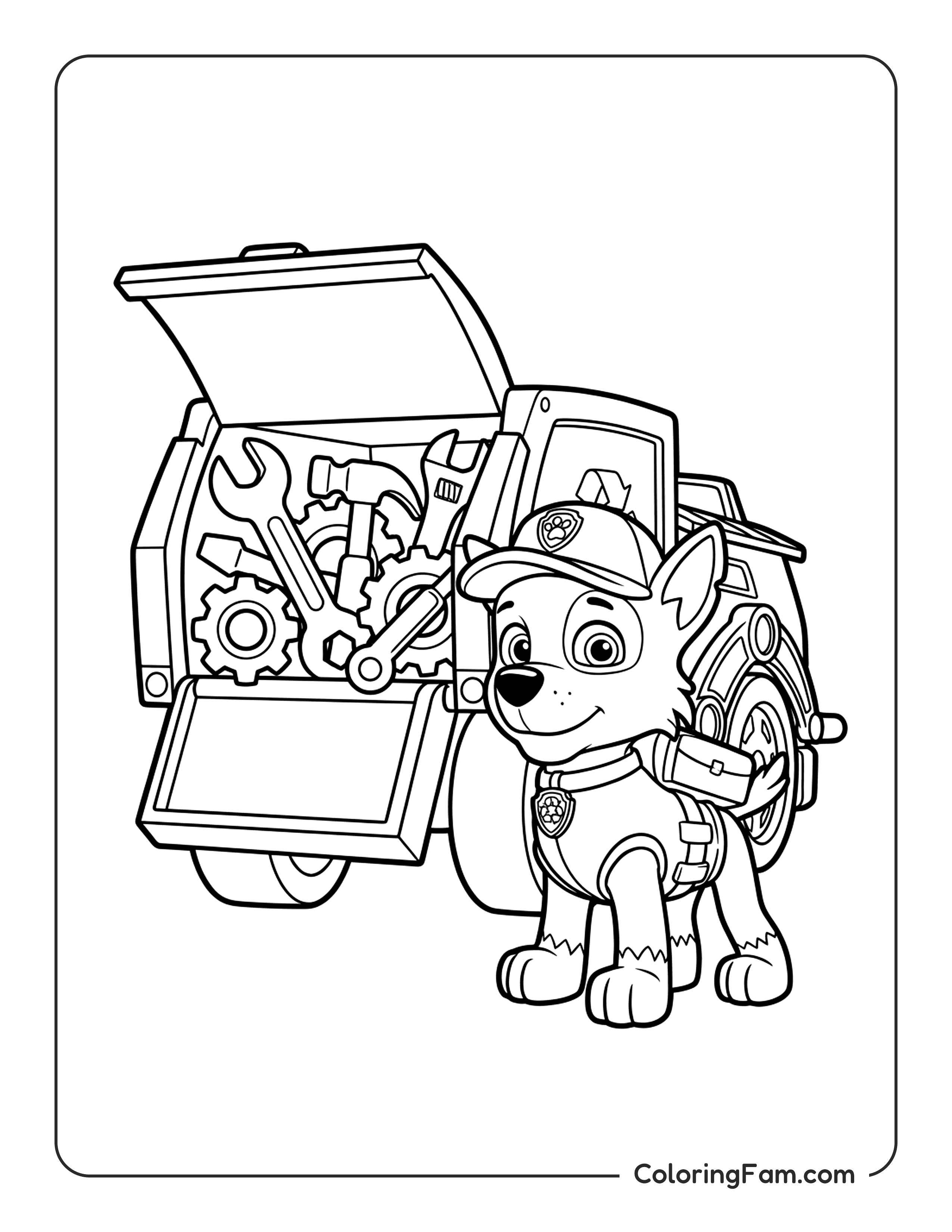 Rocky With His Recycling Truck Full Of Tools coloring page