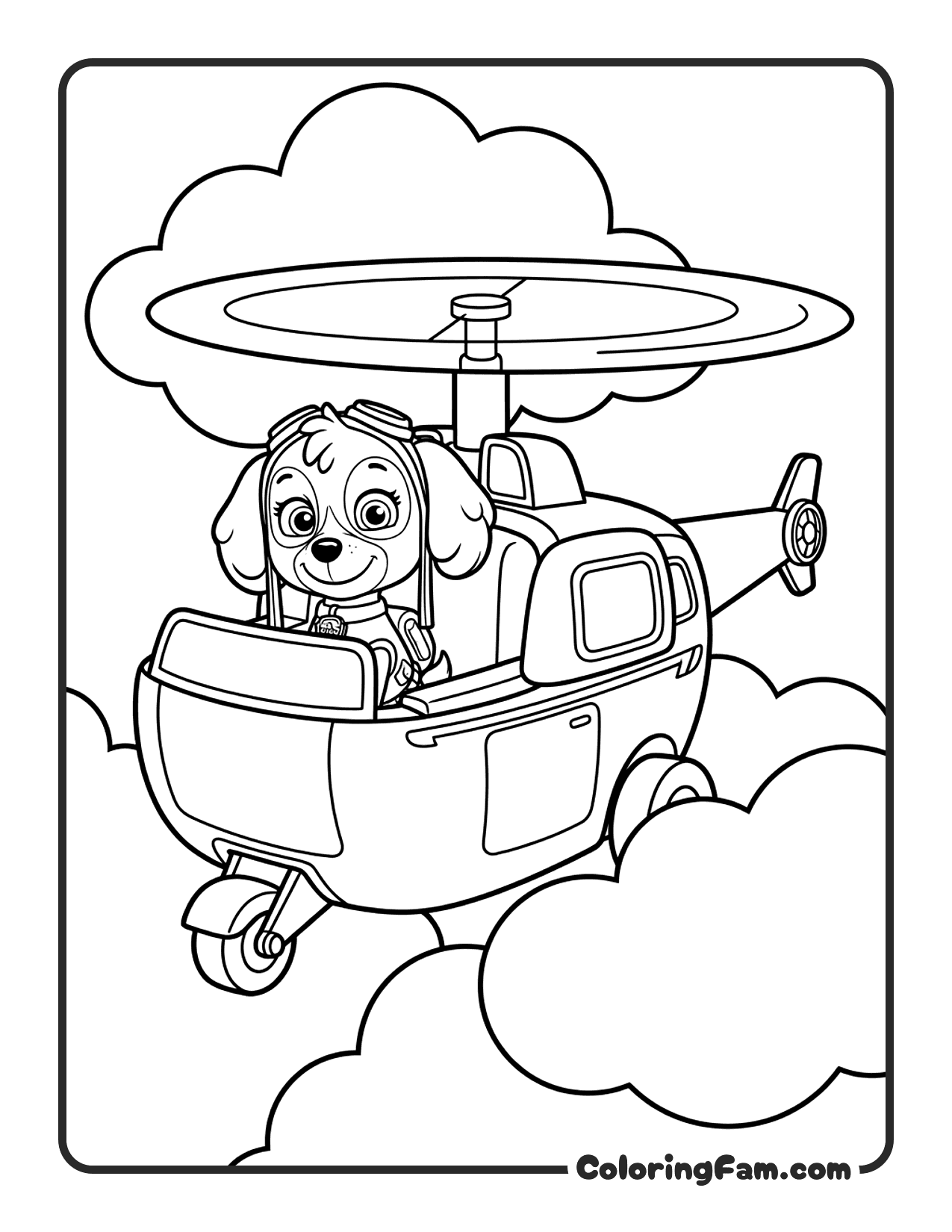 Skye Flying Through Clouds In Her Helicopter coloring page
