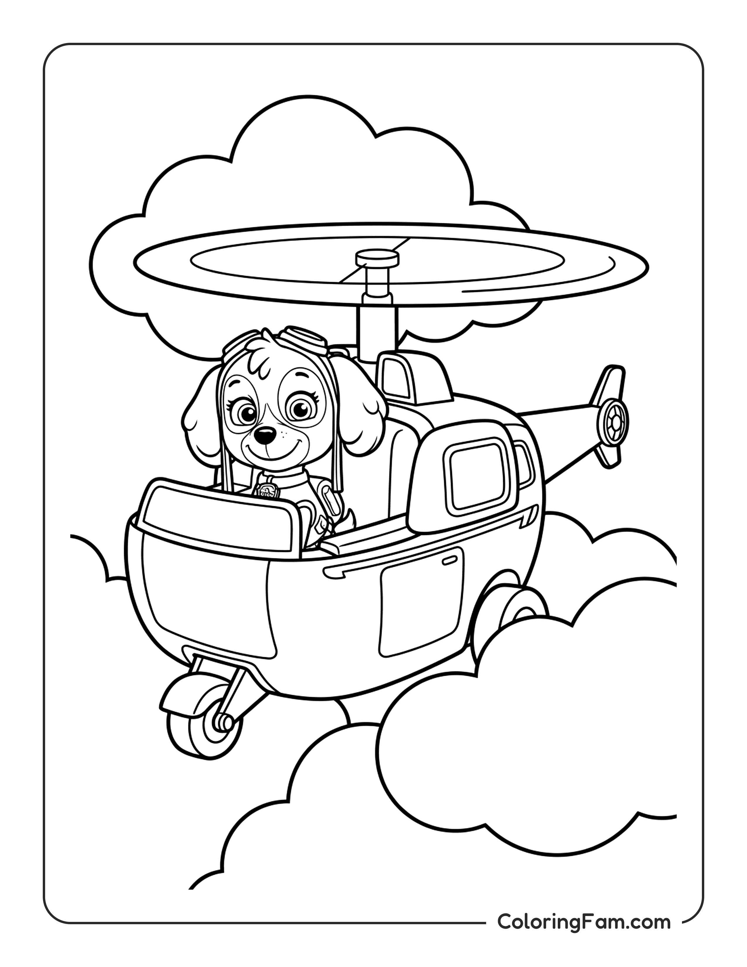 Skye Flying Through Clouds In Her Helicopter coloring page