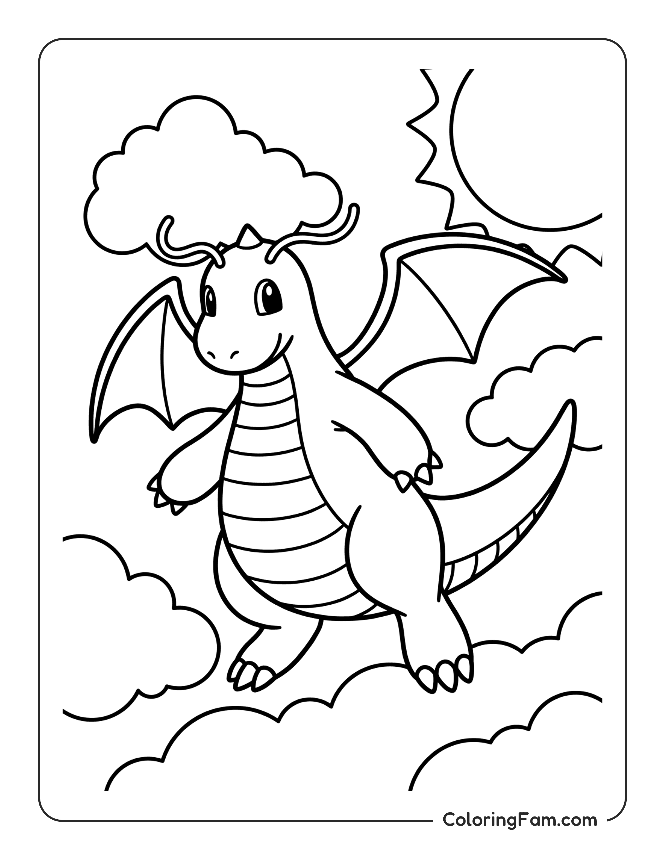 Dragonite Flying Through Clouds coloring page