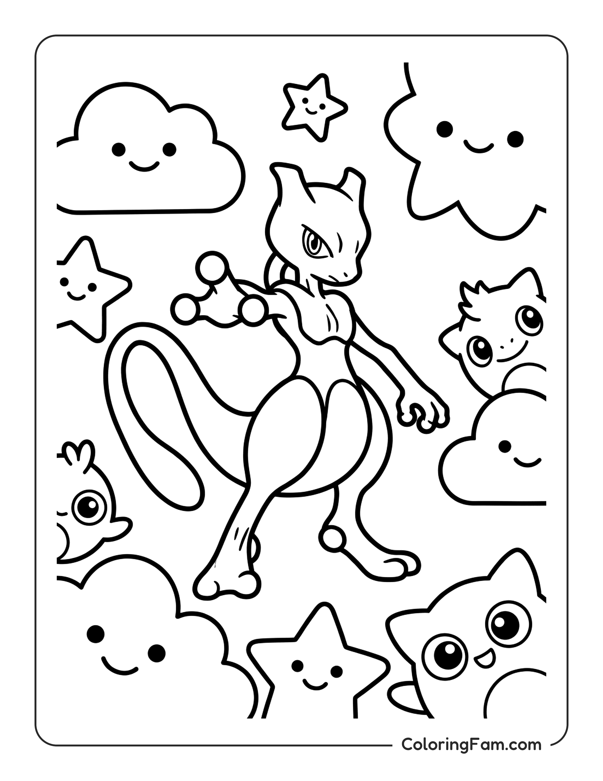Mewtwo With Clouds Stars coloring page