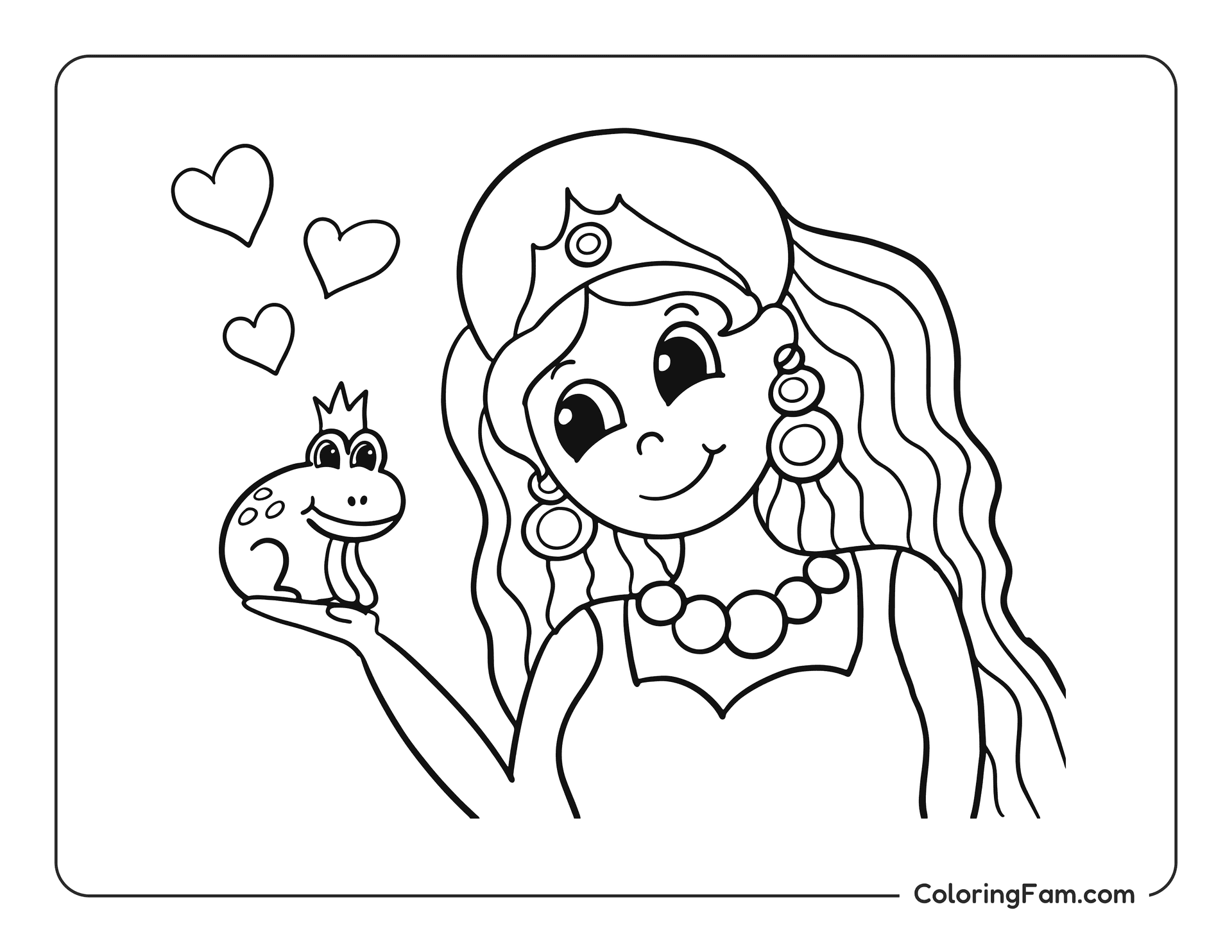 Princess gazing lovingly at frog prince coloring page