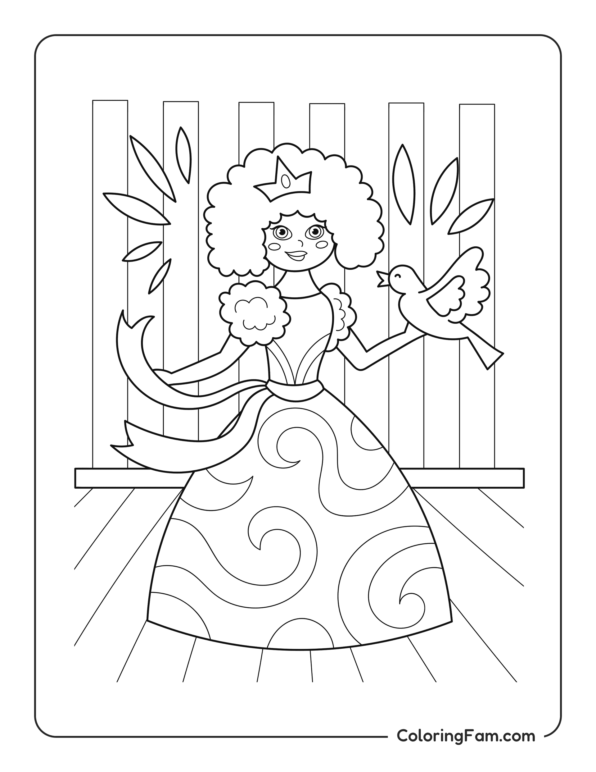 Princess holding a bird on her hand coloring page