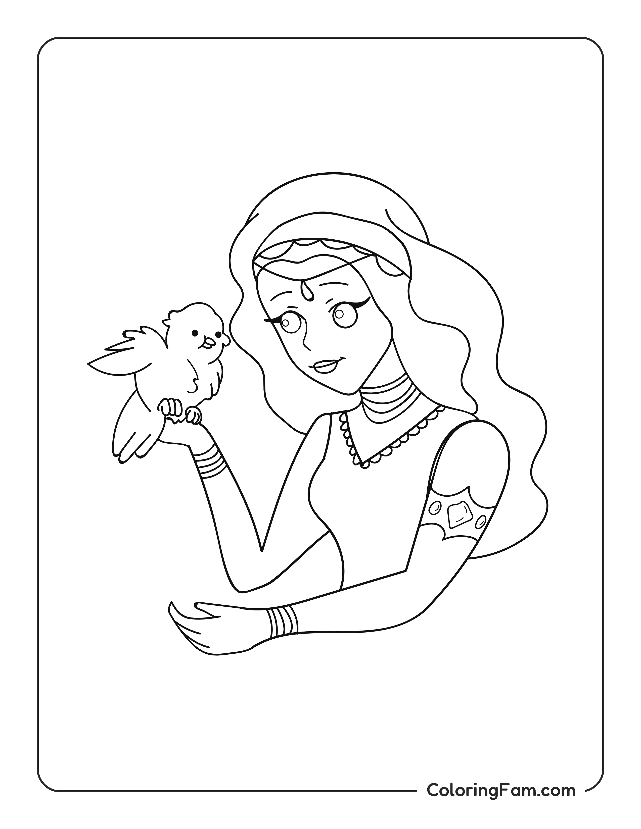 Princess holding a bird on her wrist coloring page