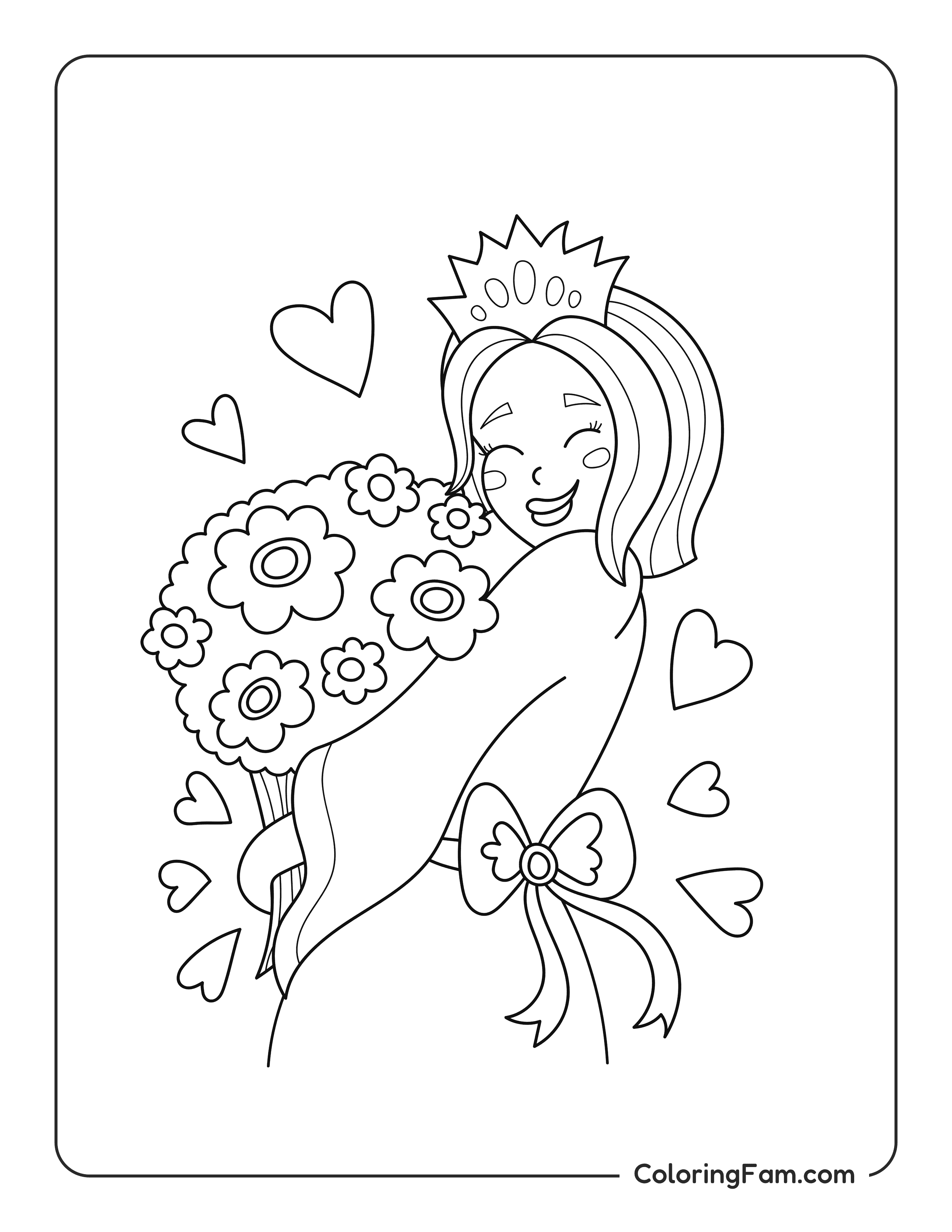Princess holding a flower bouquet coloring page