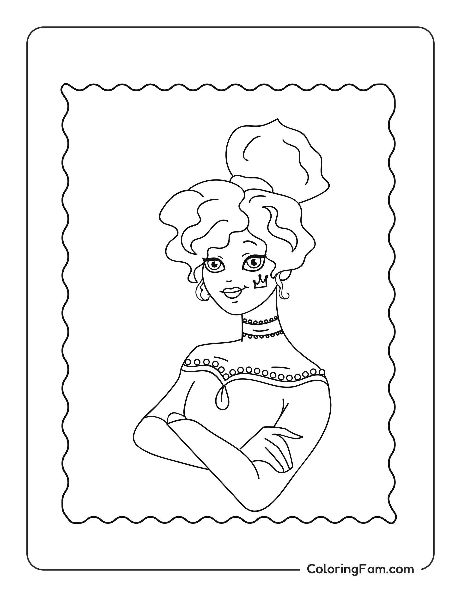 Princess posing with her arms crossed coloring page