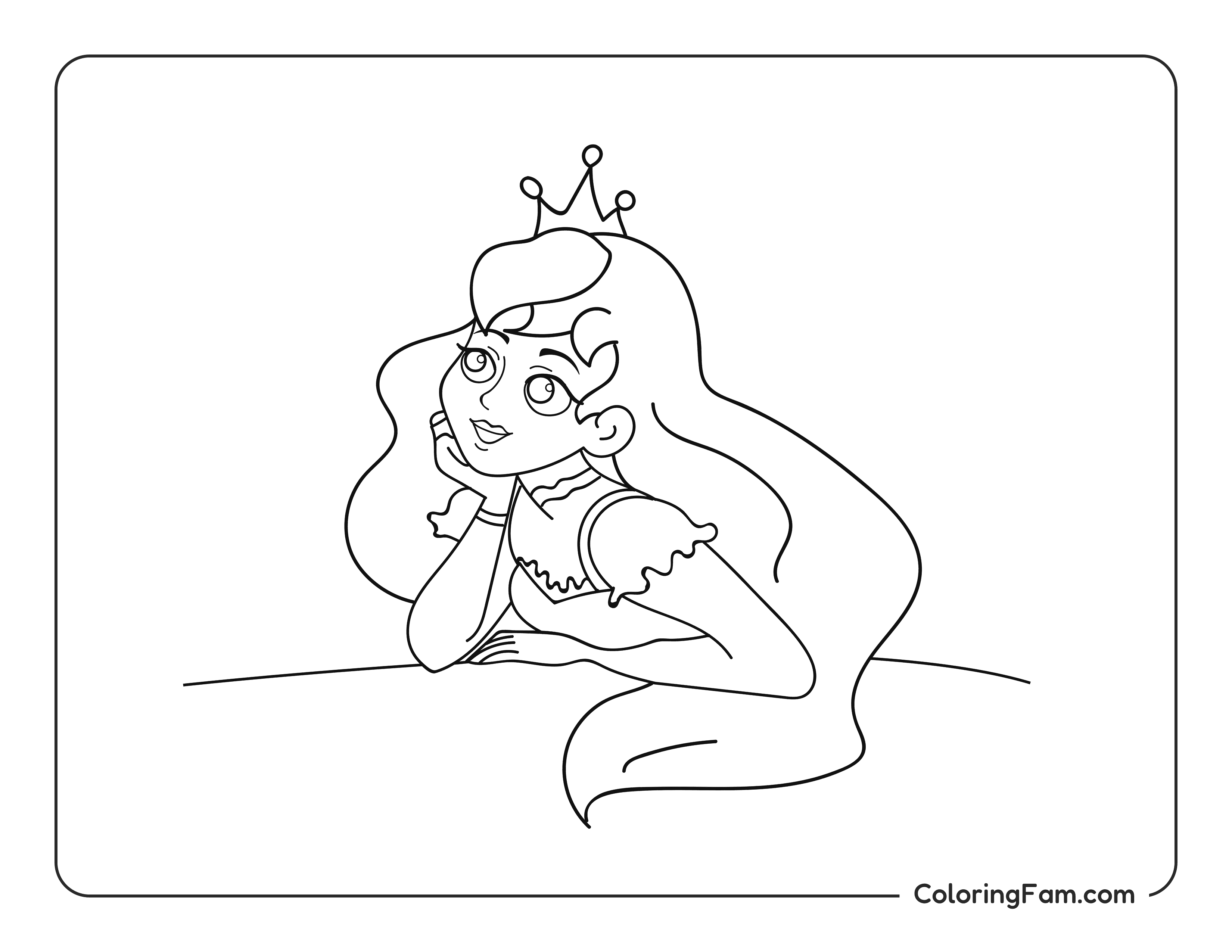 Princess resting her chin on hand coloring page