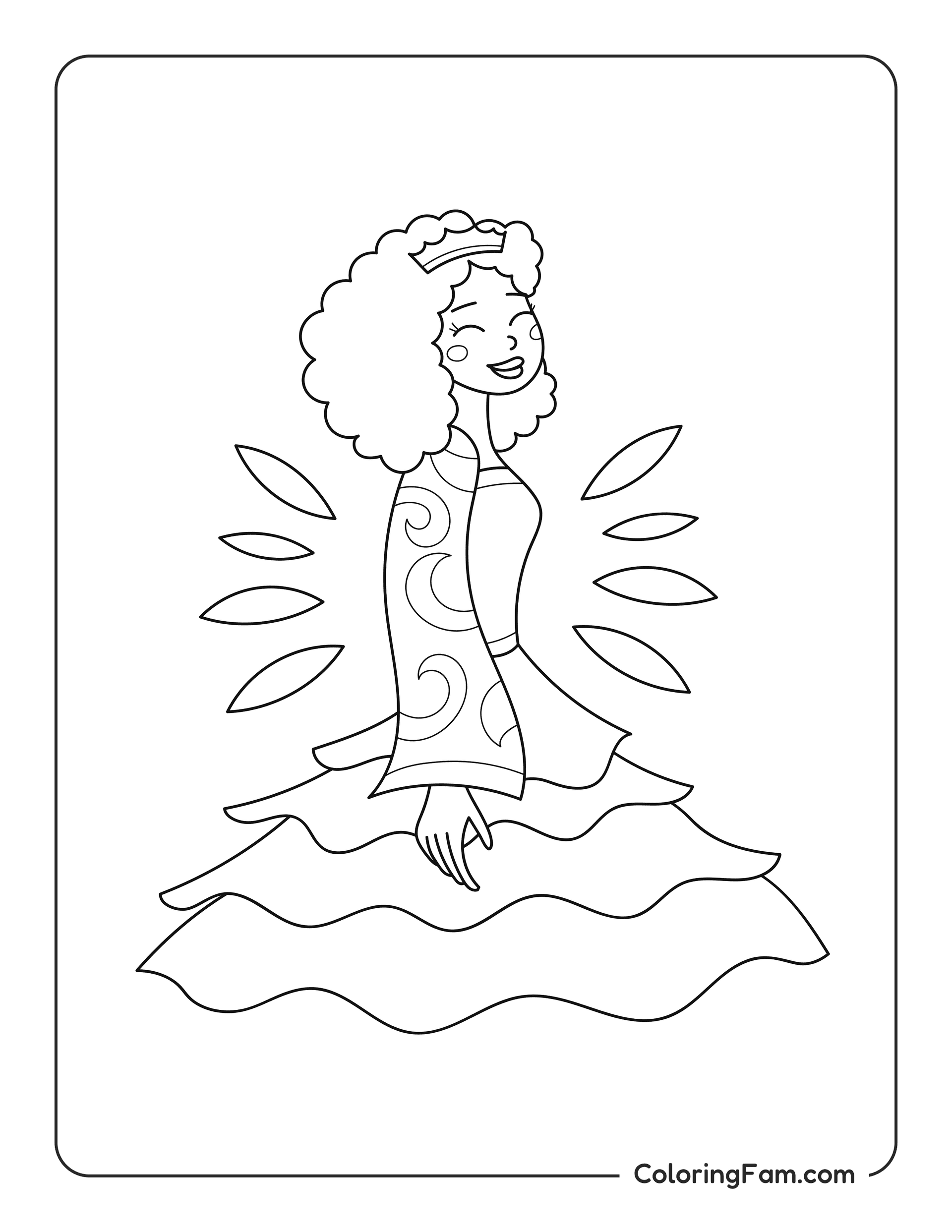 Princess smiling in a tiered dress coloring page