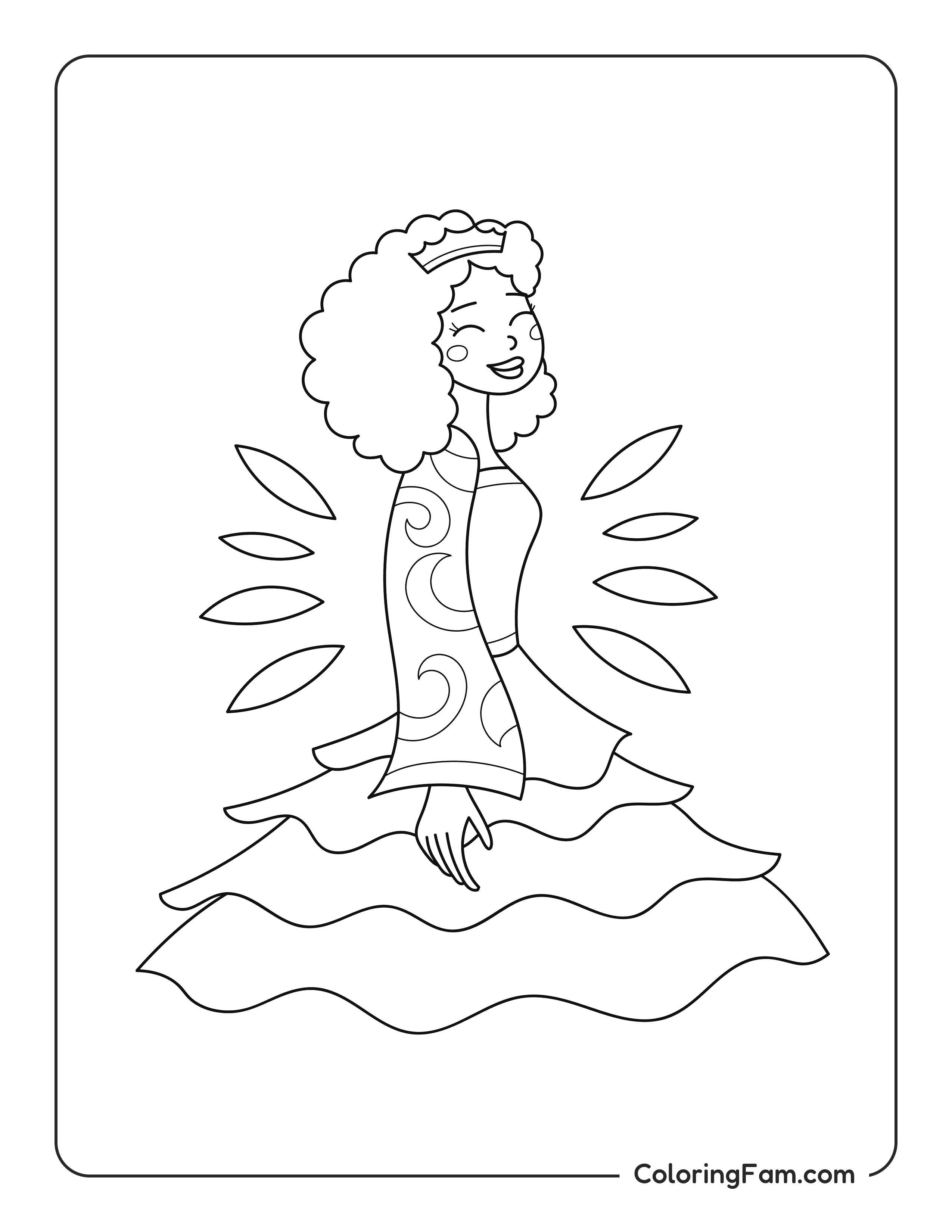 Princess smiling in a tiered dress coloring page