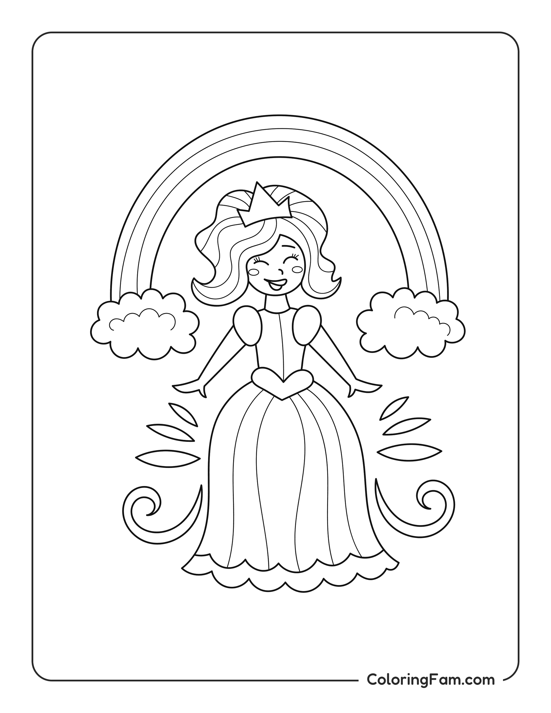 Princess smiling under a rainbow coloring page