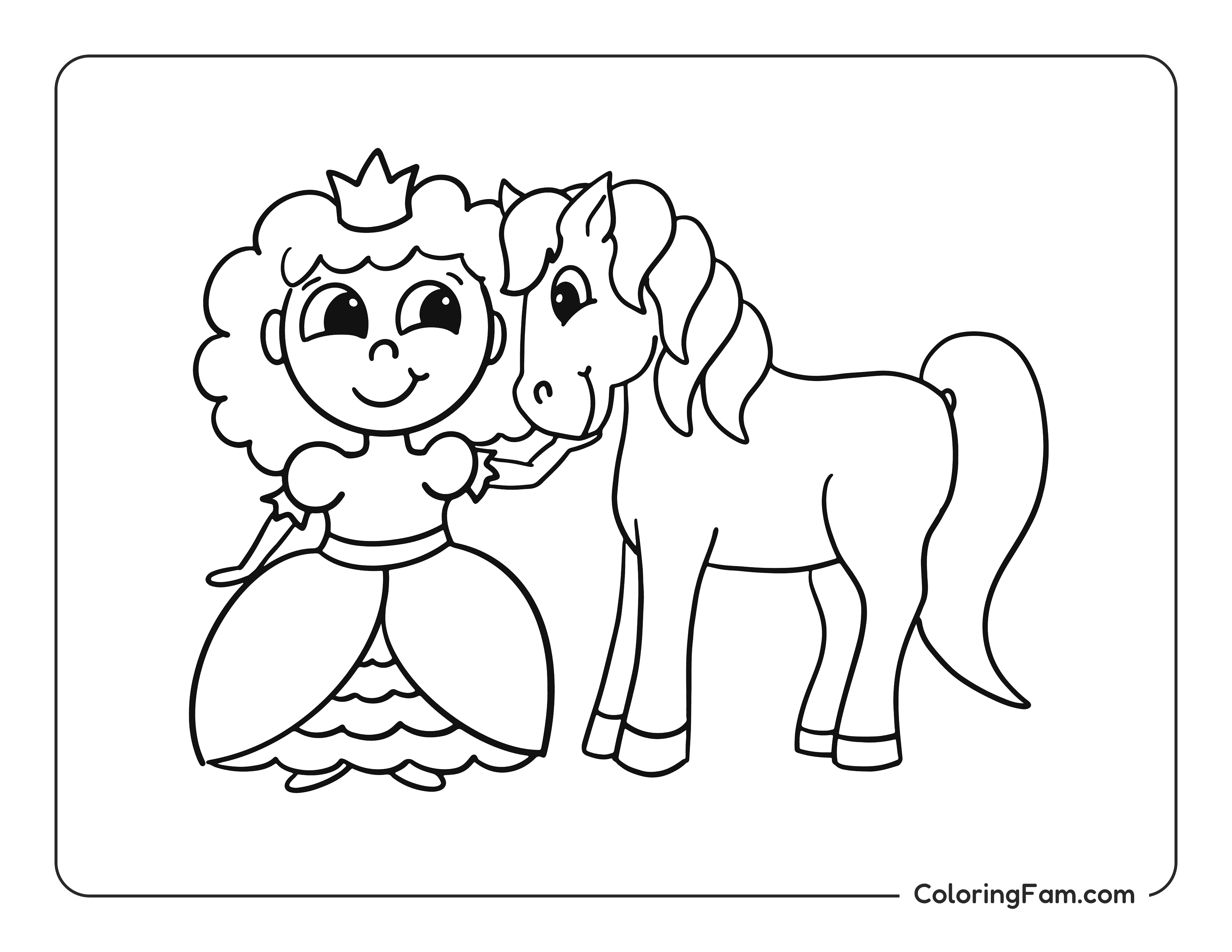 Chibi princess standing by her horse coloring page