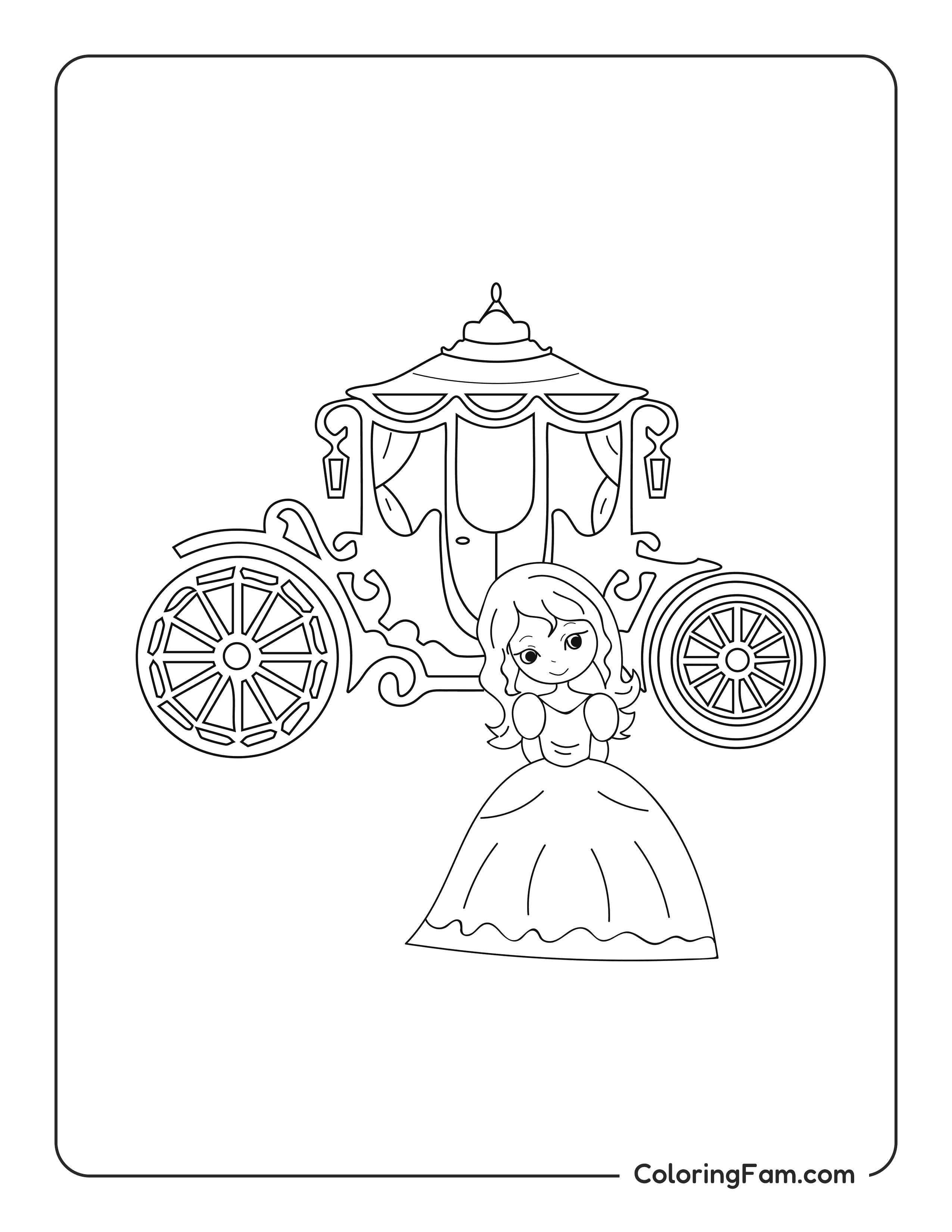 Princess standing by her royal carriage coloring page