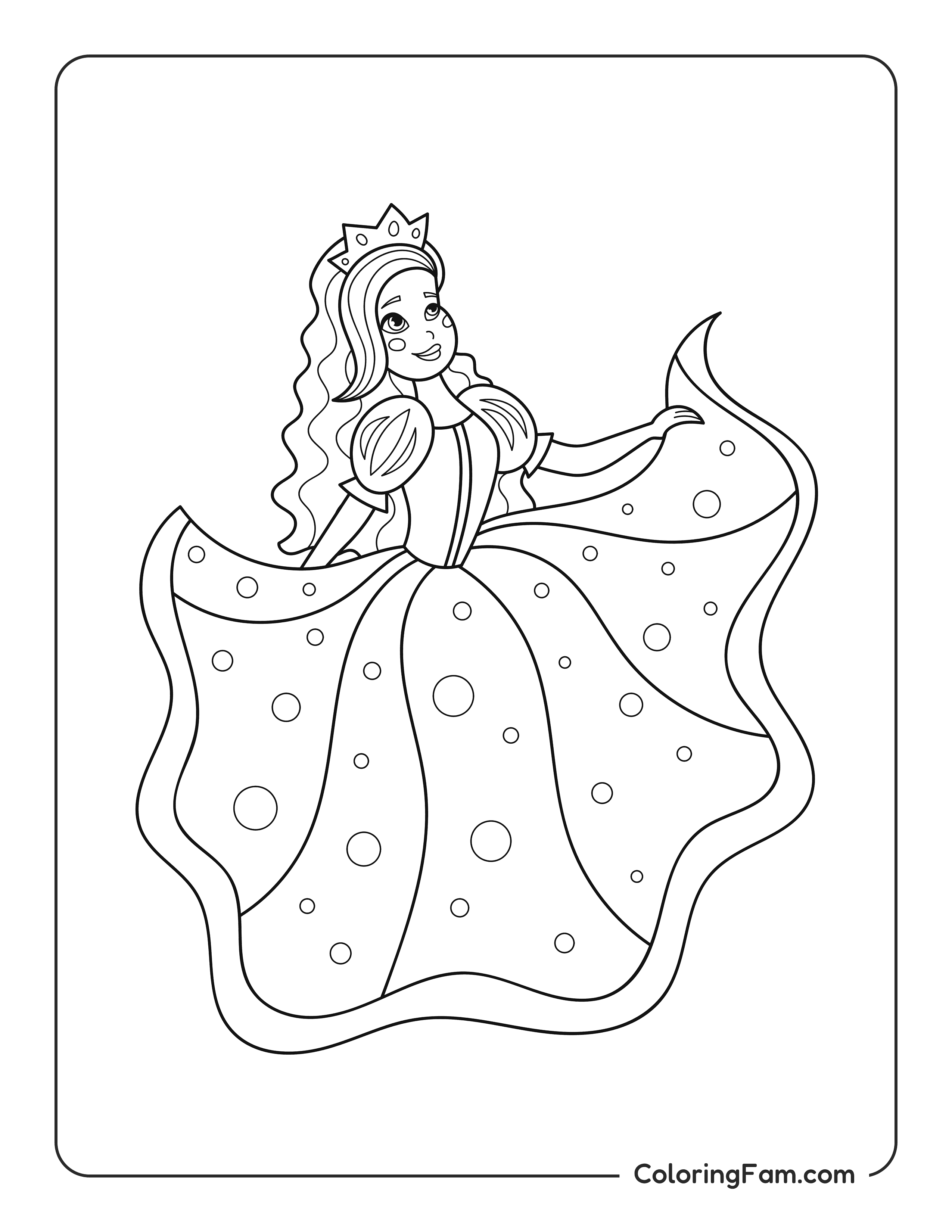 Princess twirling in polka-dot gown coloring page