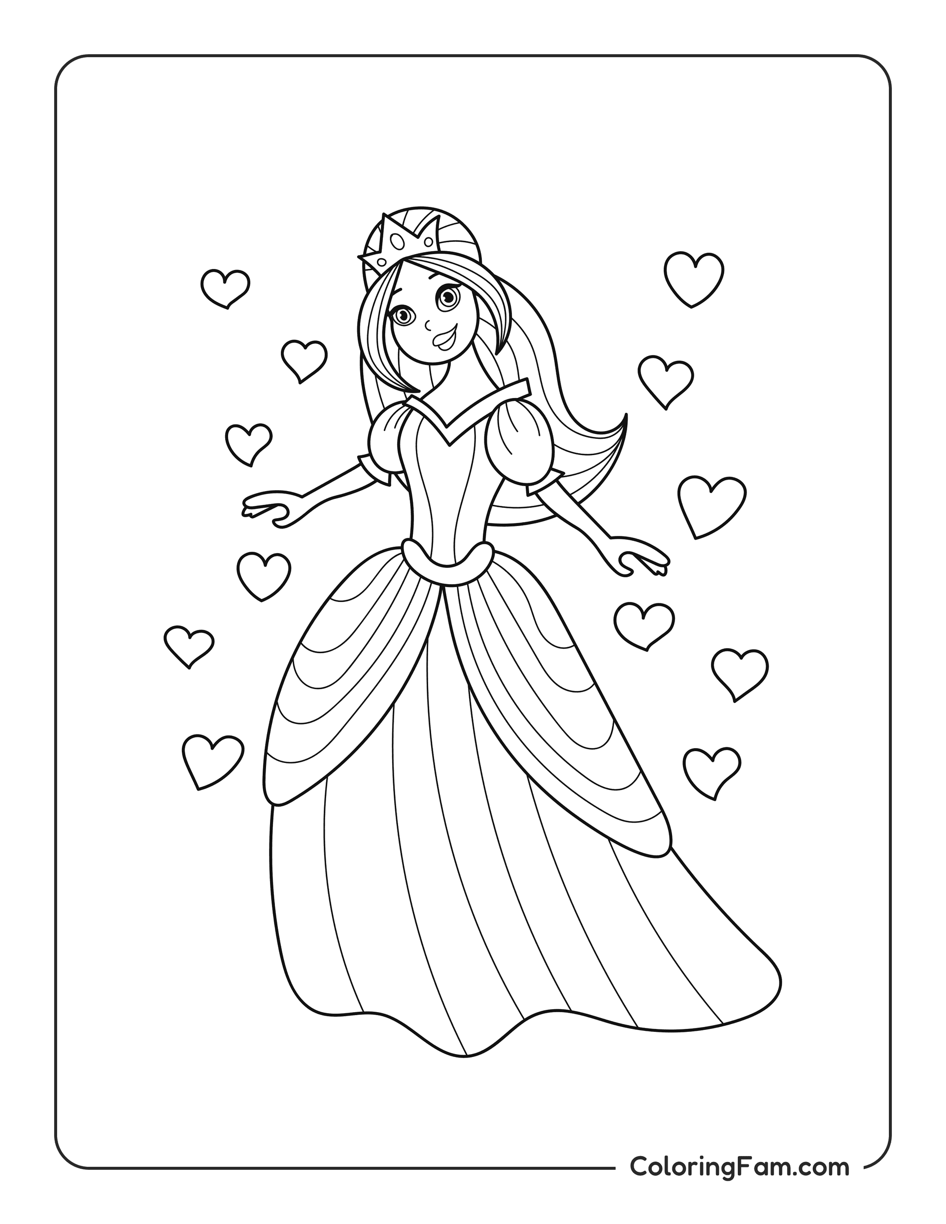 Princess wearing a beautiful ball gown coloring page
