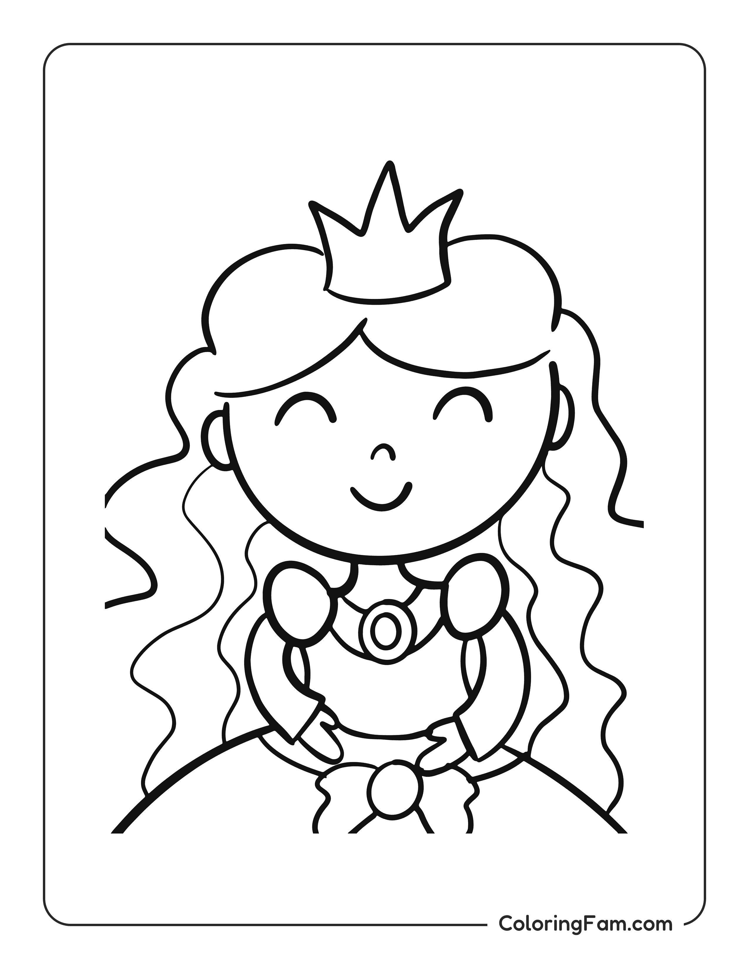 Chibi princess wearing crown and ball gown coloring page