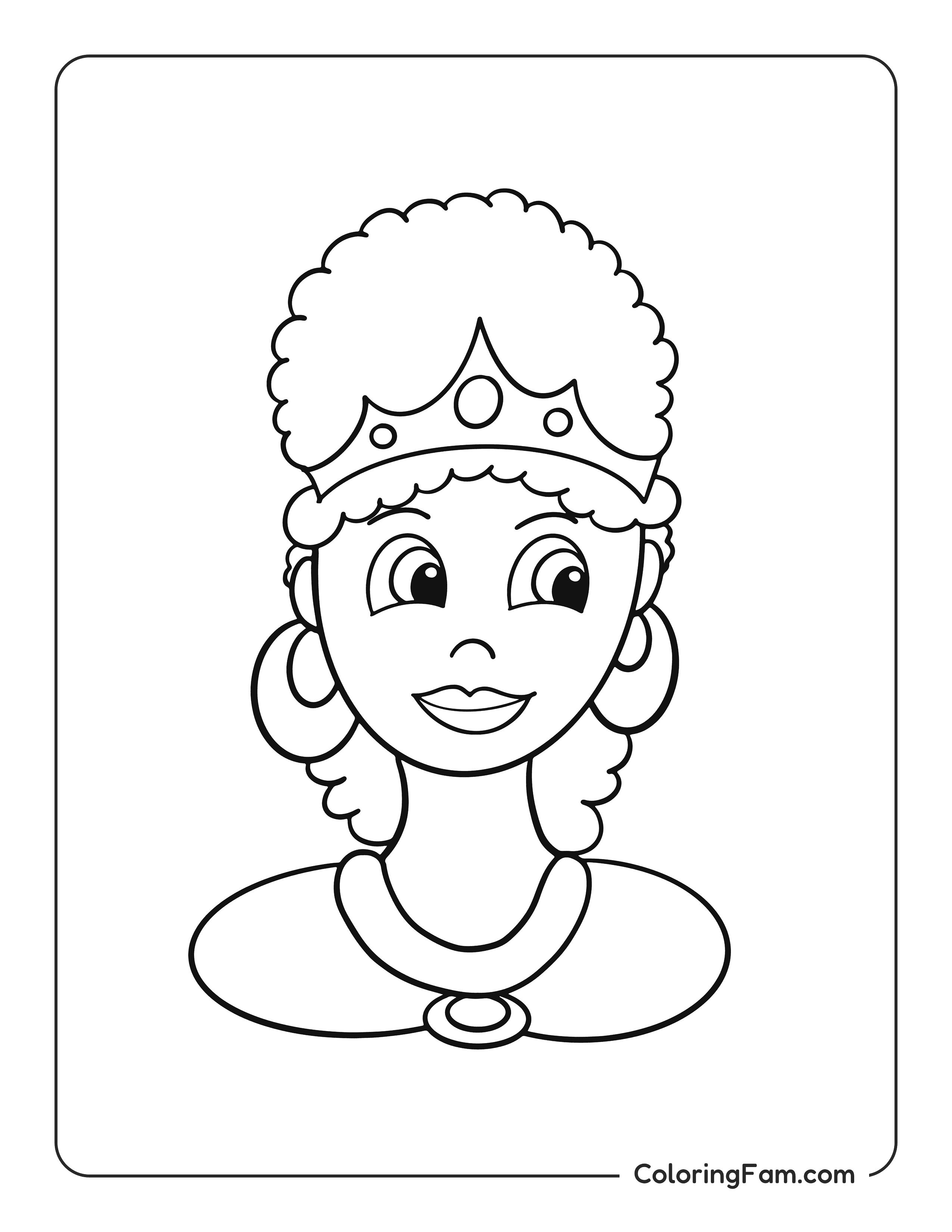 Princess wearing crown and jewelry coloring page