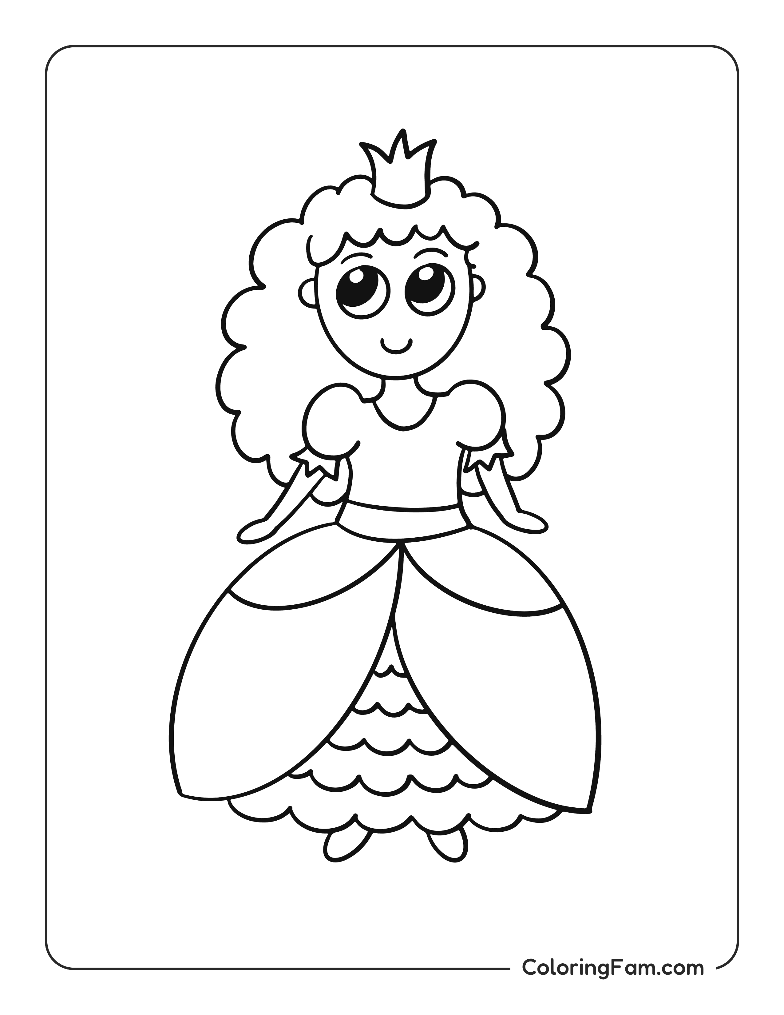 Chibi princess wearing crown and layered gown coloring page