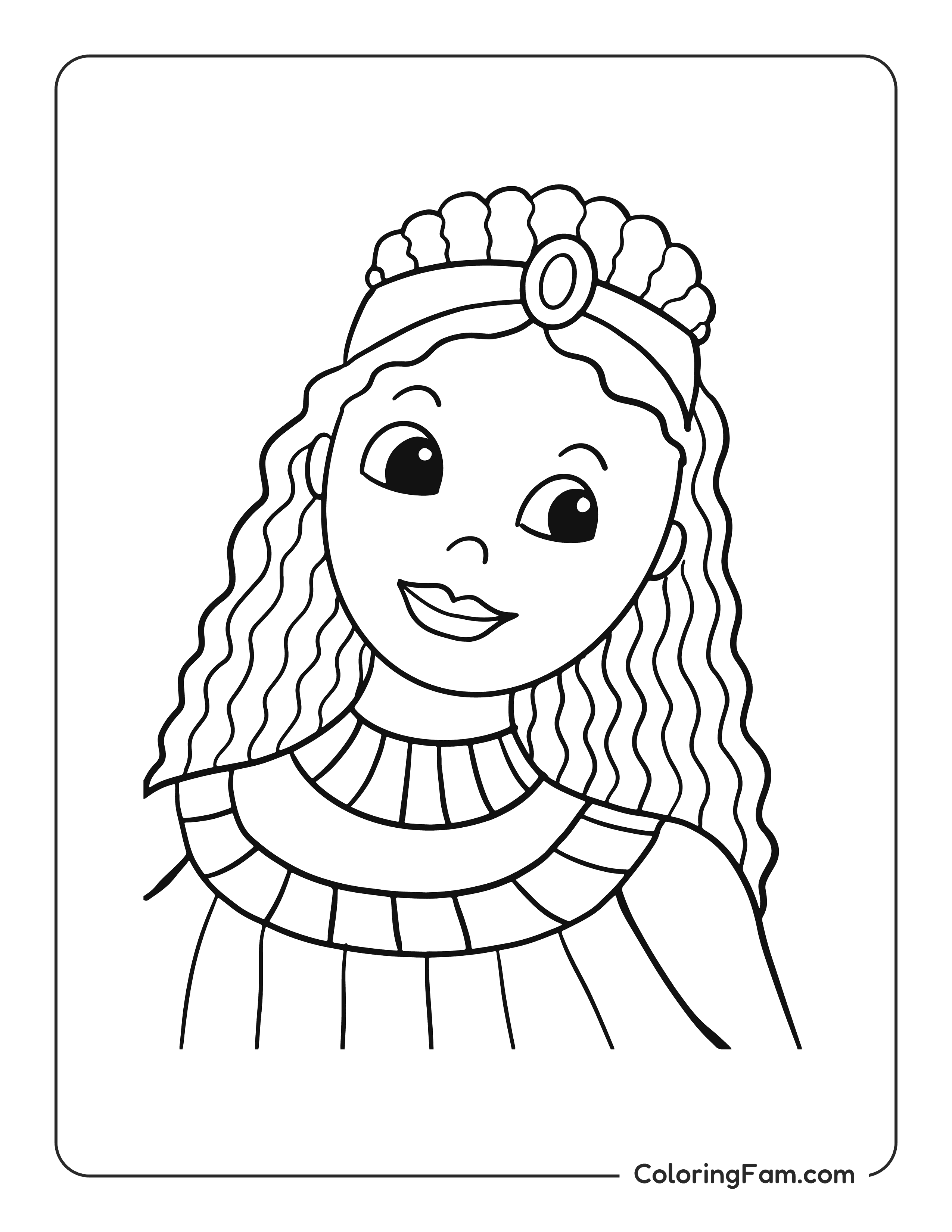 Curly princess wearing crown smiling coloring page