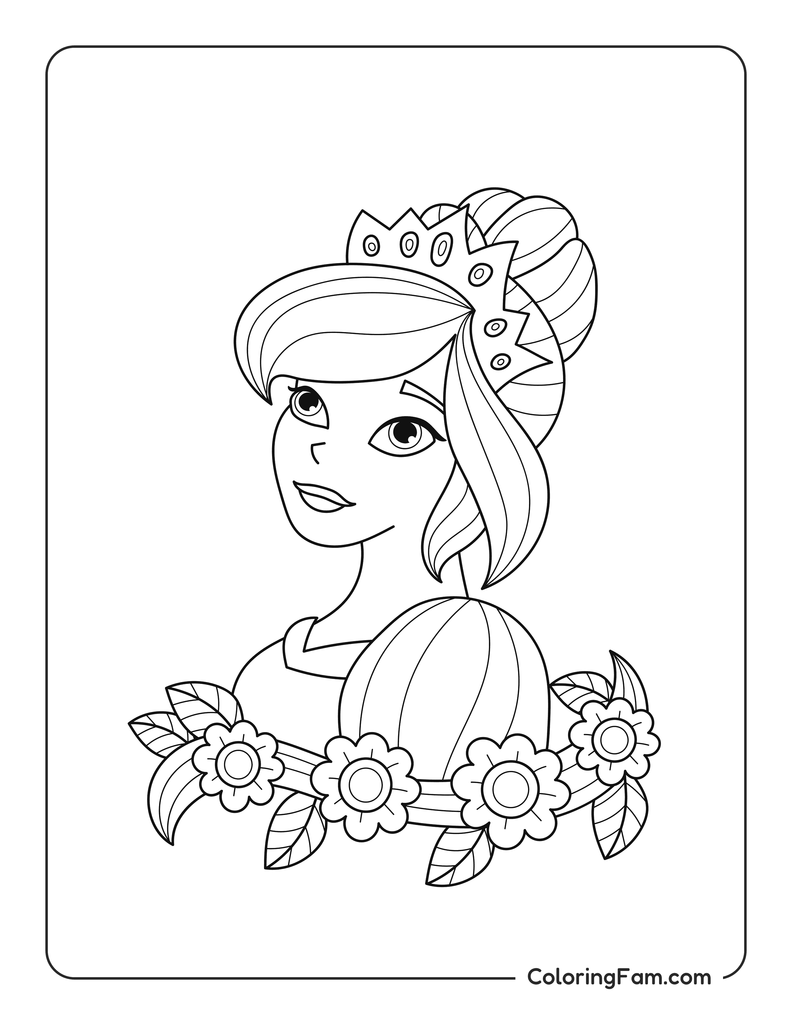 Princess wearing a crown with flowers coloring page