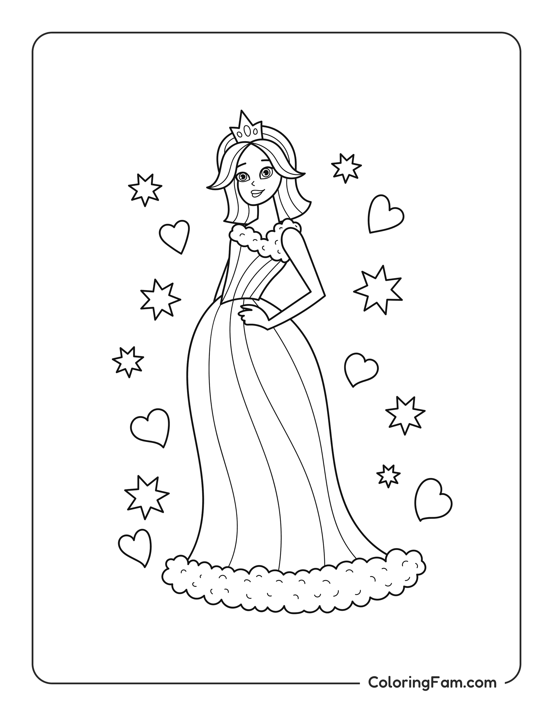 Princess surrounded by stars and hearts coloring page