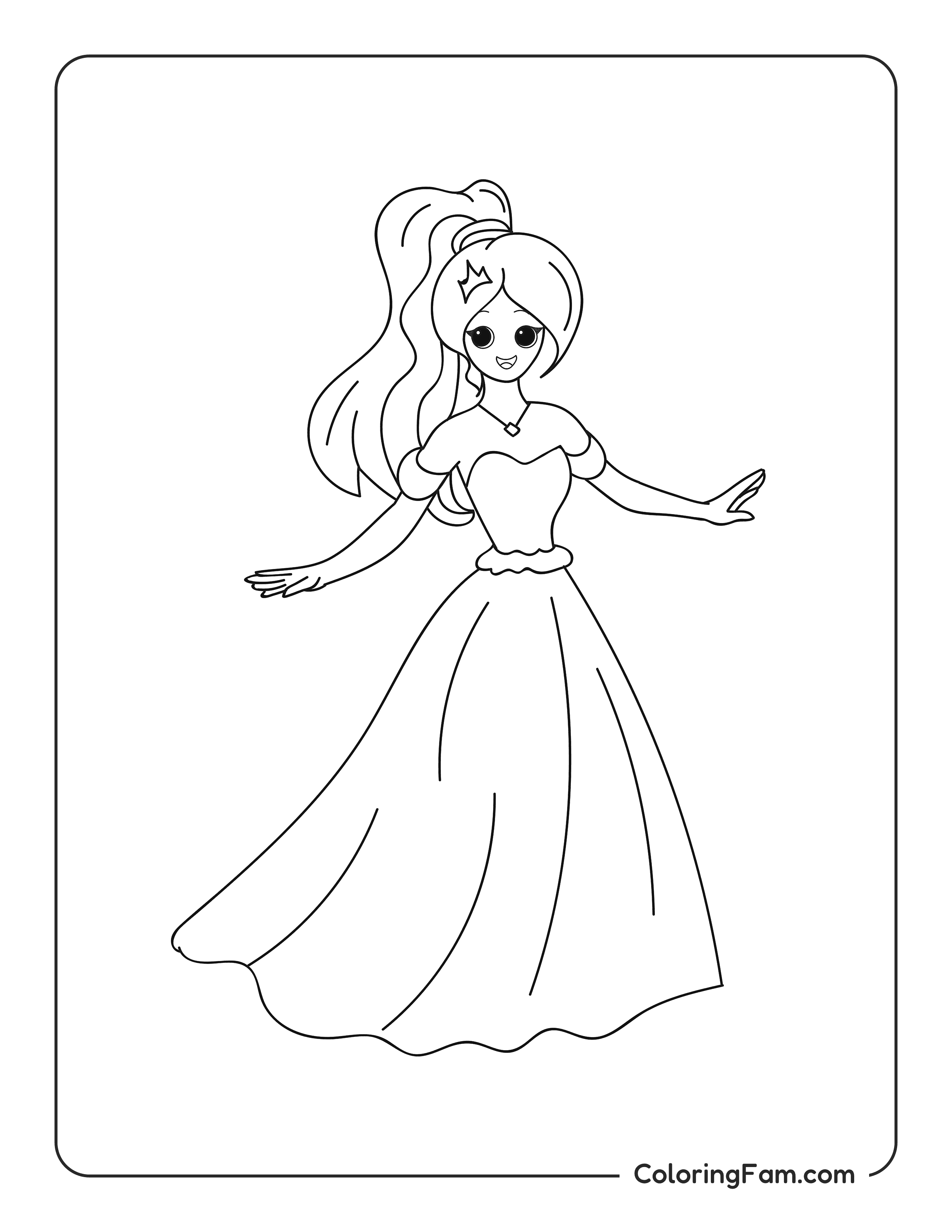 Princess wearing a long gown coloring page