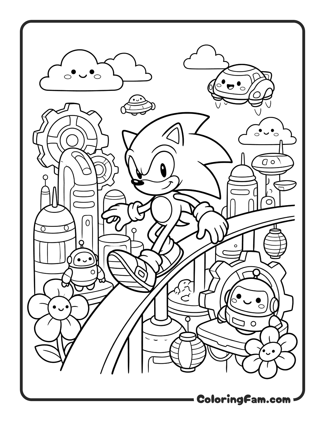 Sonic Walking Futuristic City coloring page