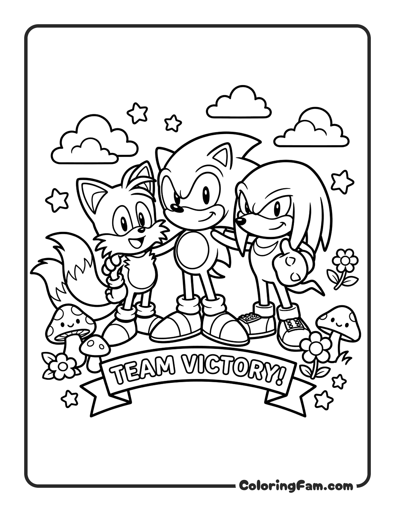 Sonic Tails Knuckles Team Victory Pose coloring page