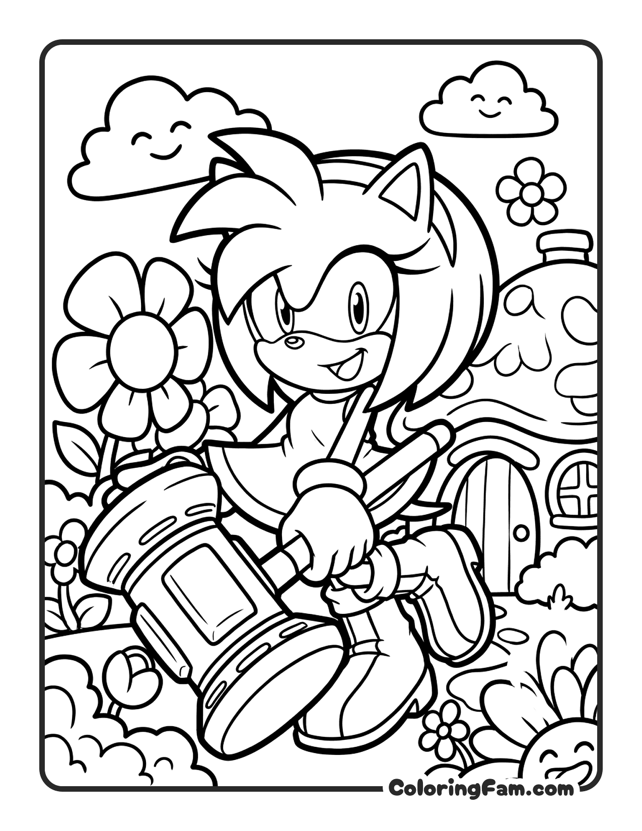 Amy Rose Holding Hammer Cheerful coloring page