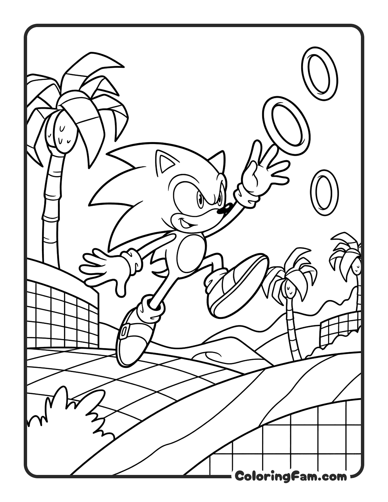 Sonic Jumping Collecting Golden Rings coloring page