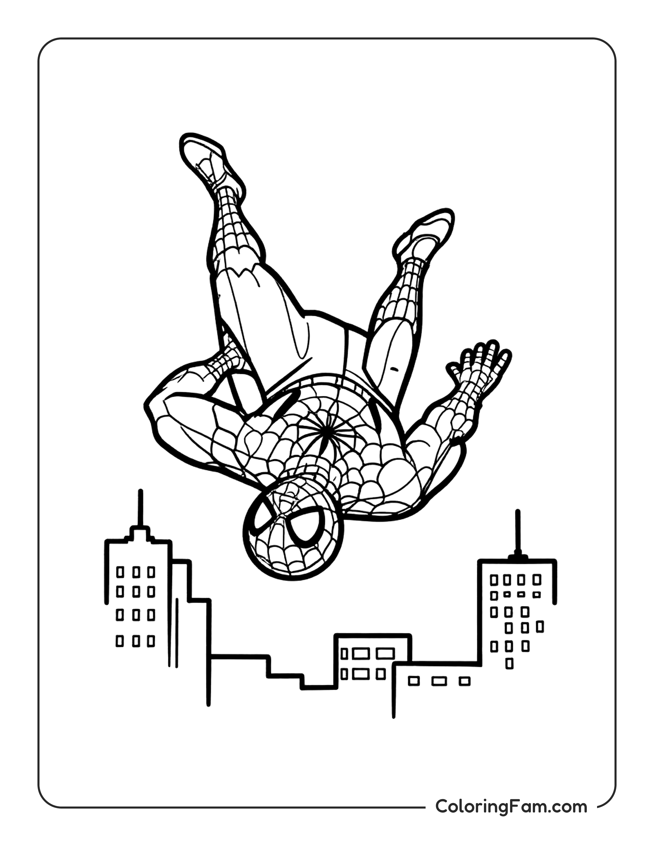 Spiderman Doing A Flip In The Air Above The City coloring page