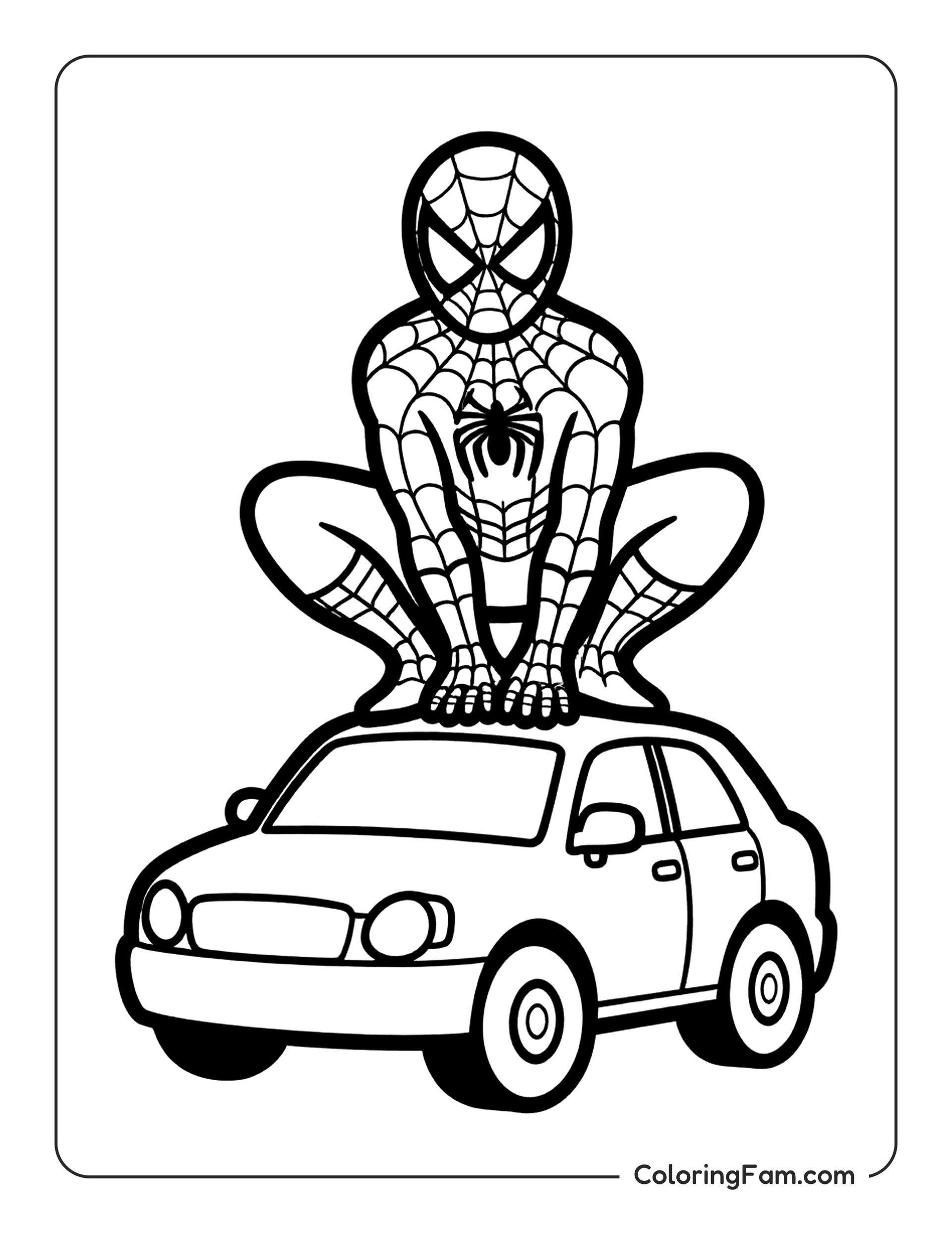 Spiderman Landing Heroically On Top Of A Car coloring page