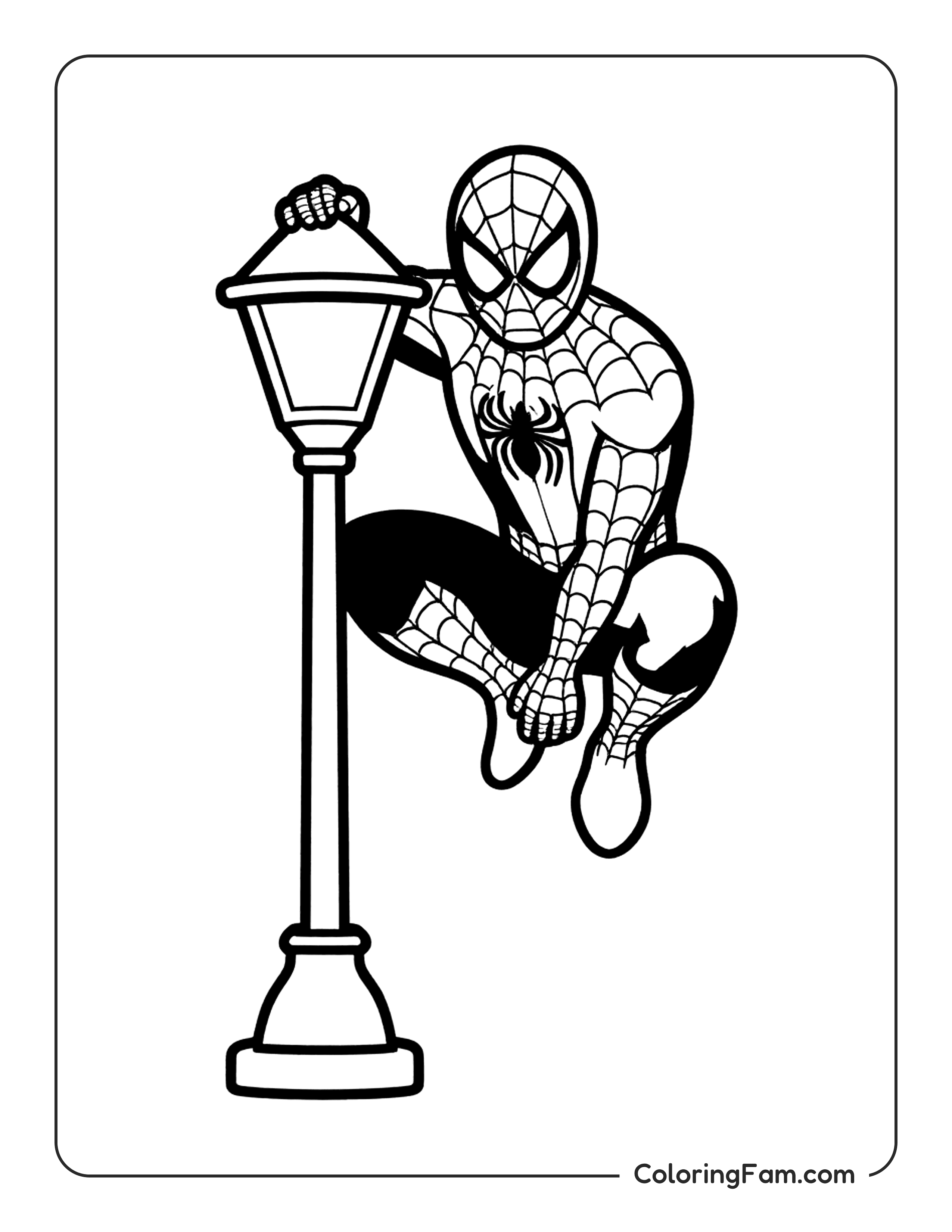 Spiderman Perched On A Street Lamp At Night coloring page